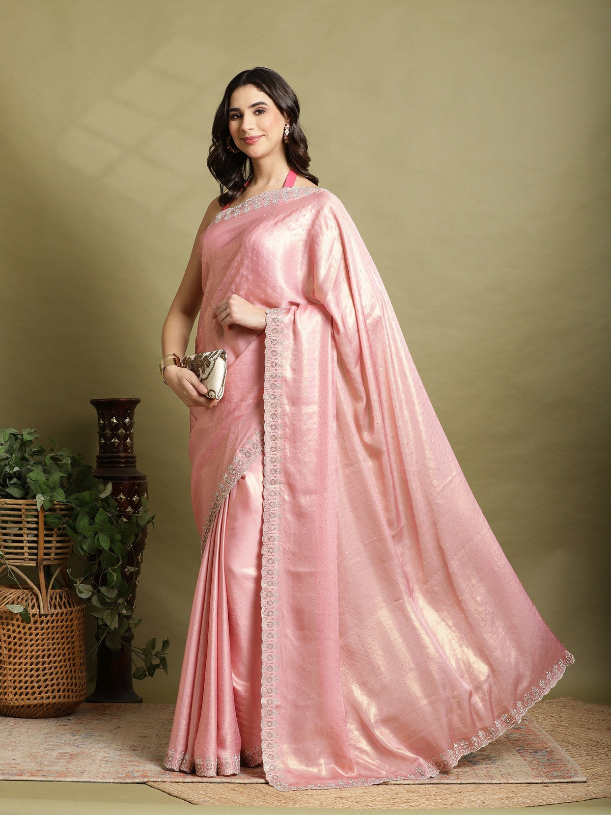 Pink Embroidered Tissue Saree