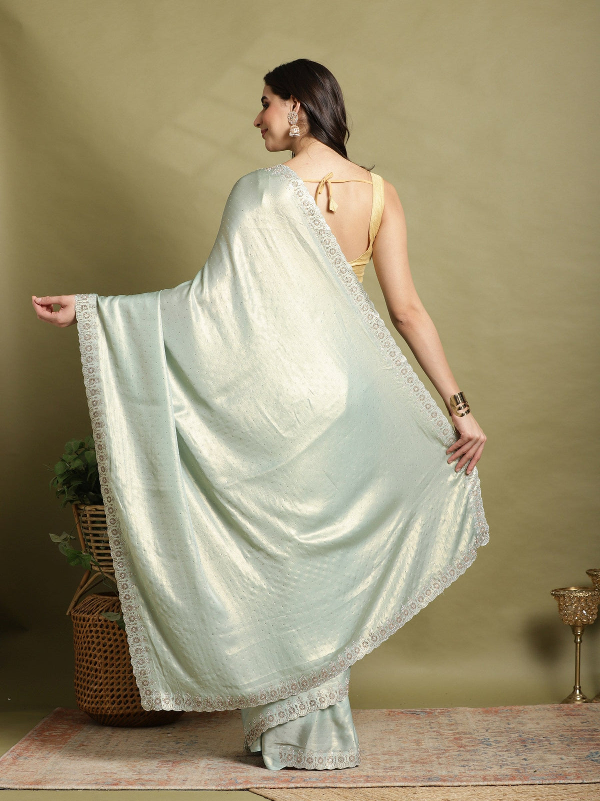 Sea Green Embroidered Tissue Saree