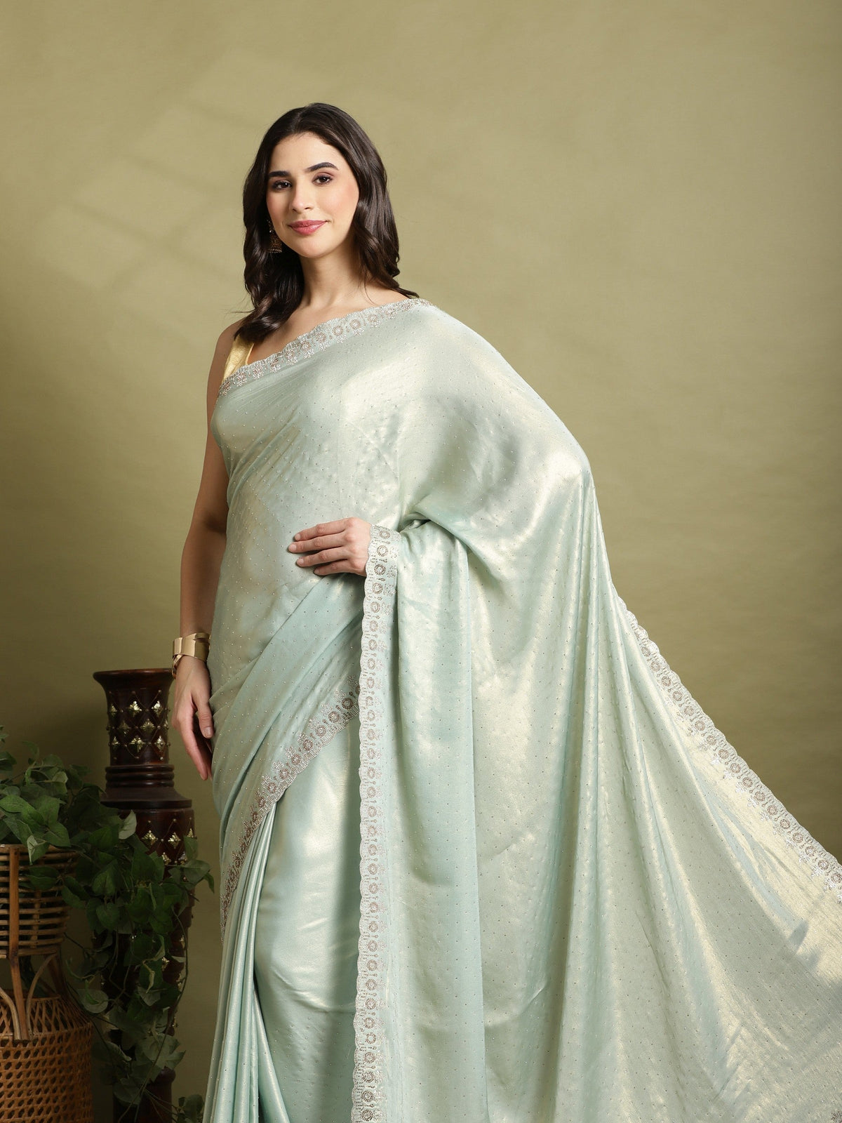 Sea Green Embroidered Tissue Saree