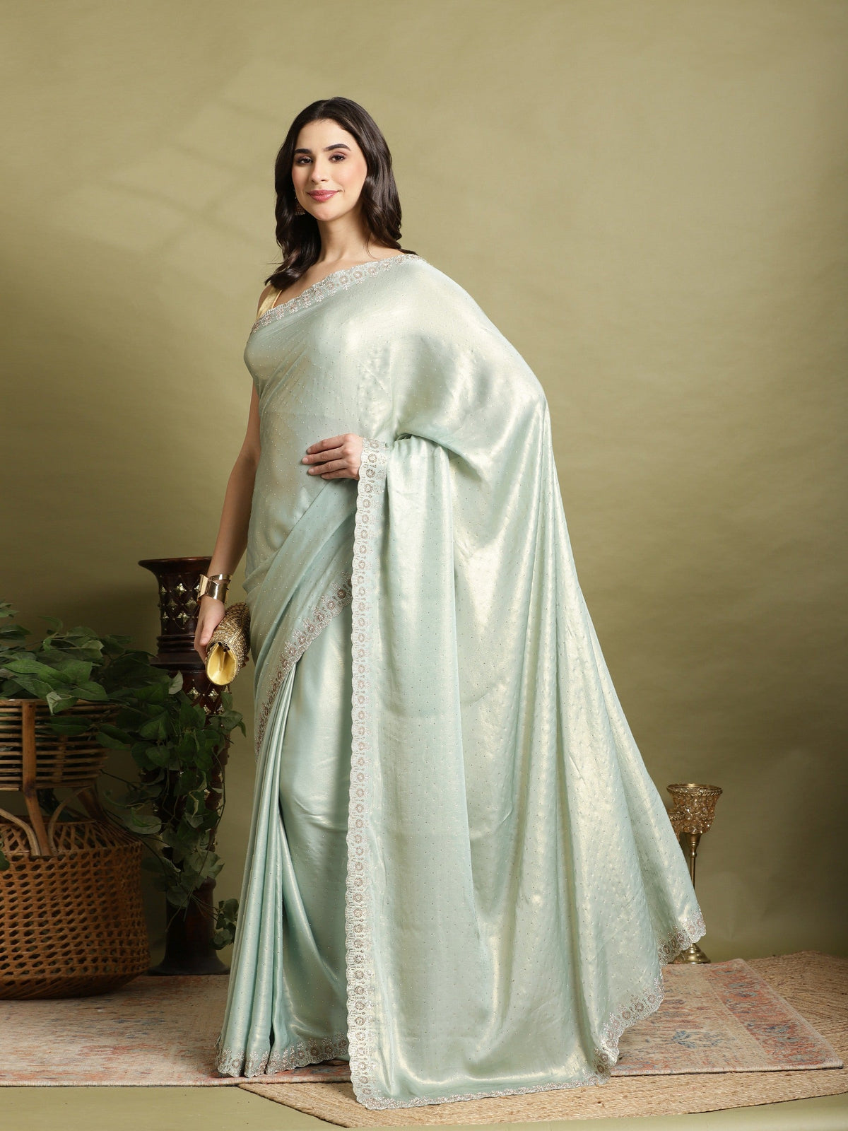 Sea Green Embroidered Tissue Saree