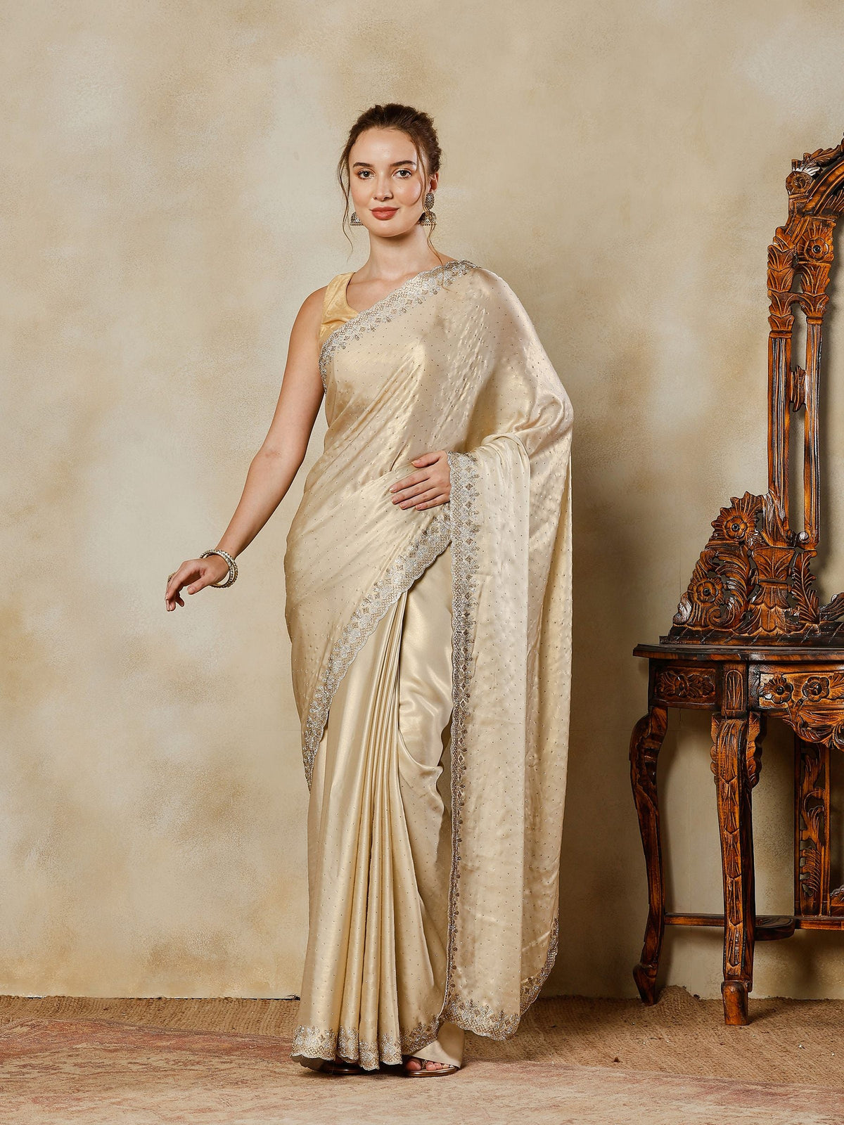Beige Embroidered Tissue Saree