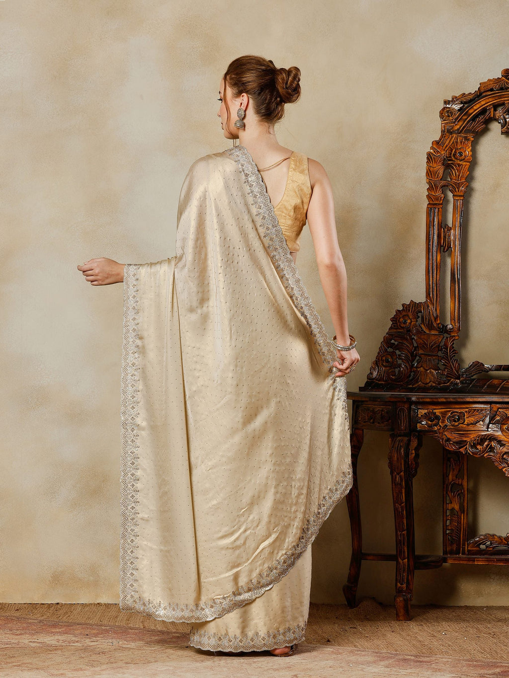 Beige Embroidered Tissue Saree