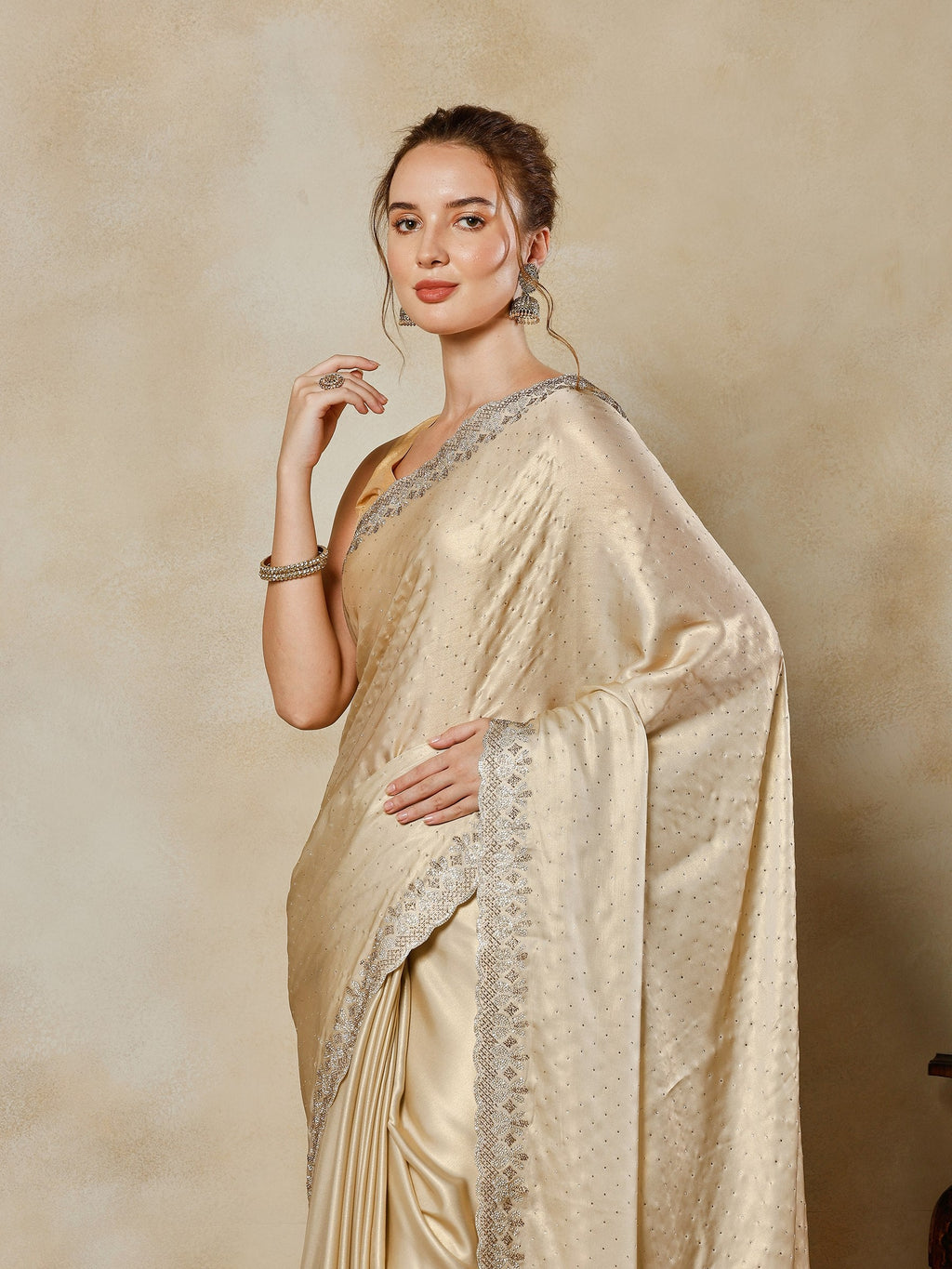 Beige Embroidered Tissue Saree
