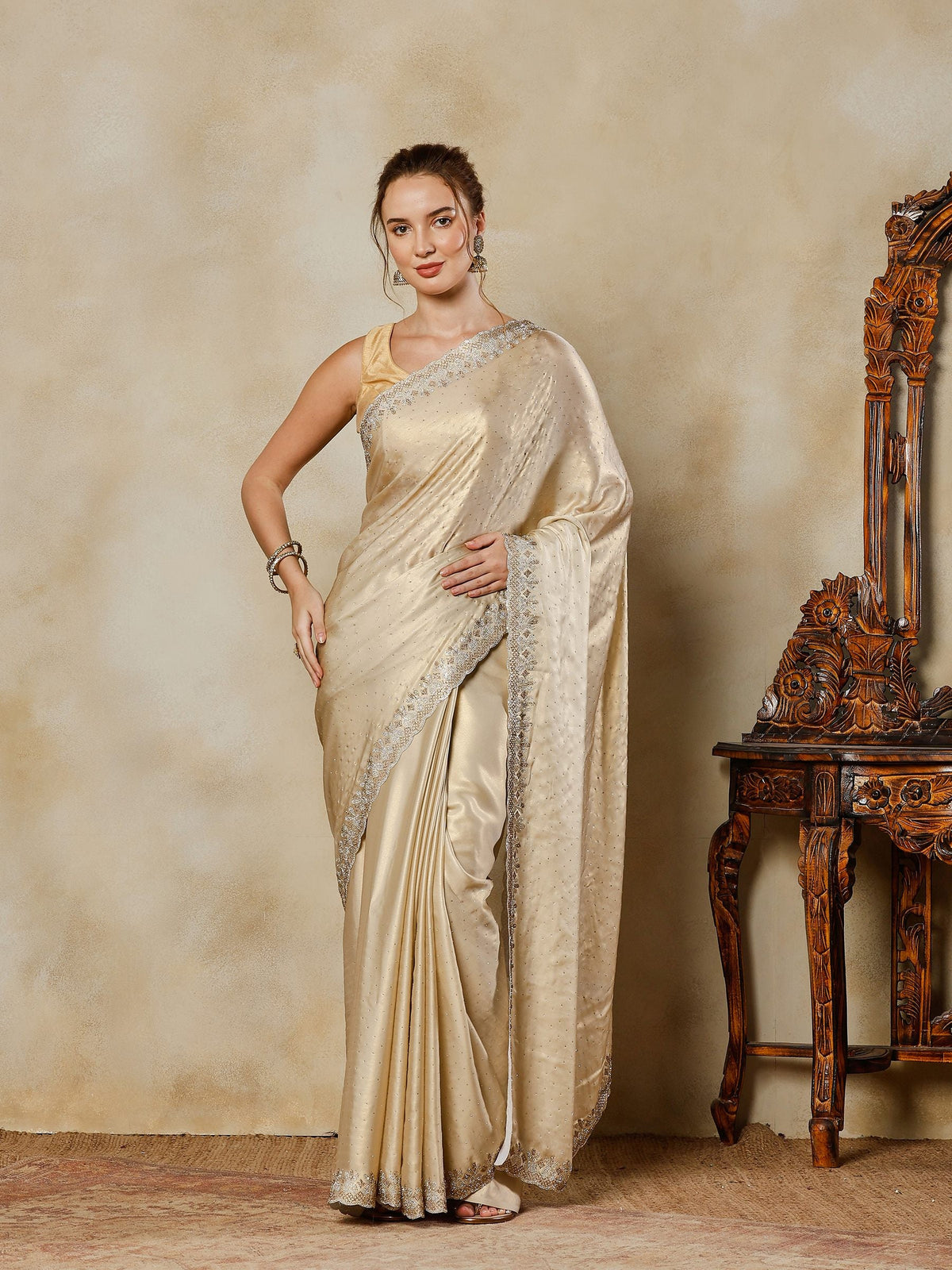 Beige Embroidered Tissue Saree