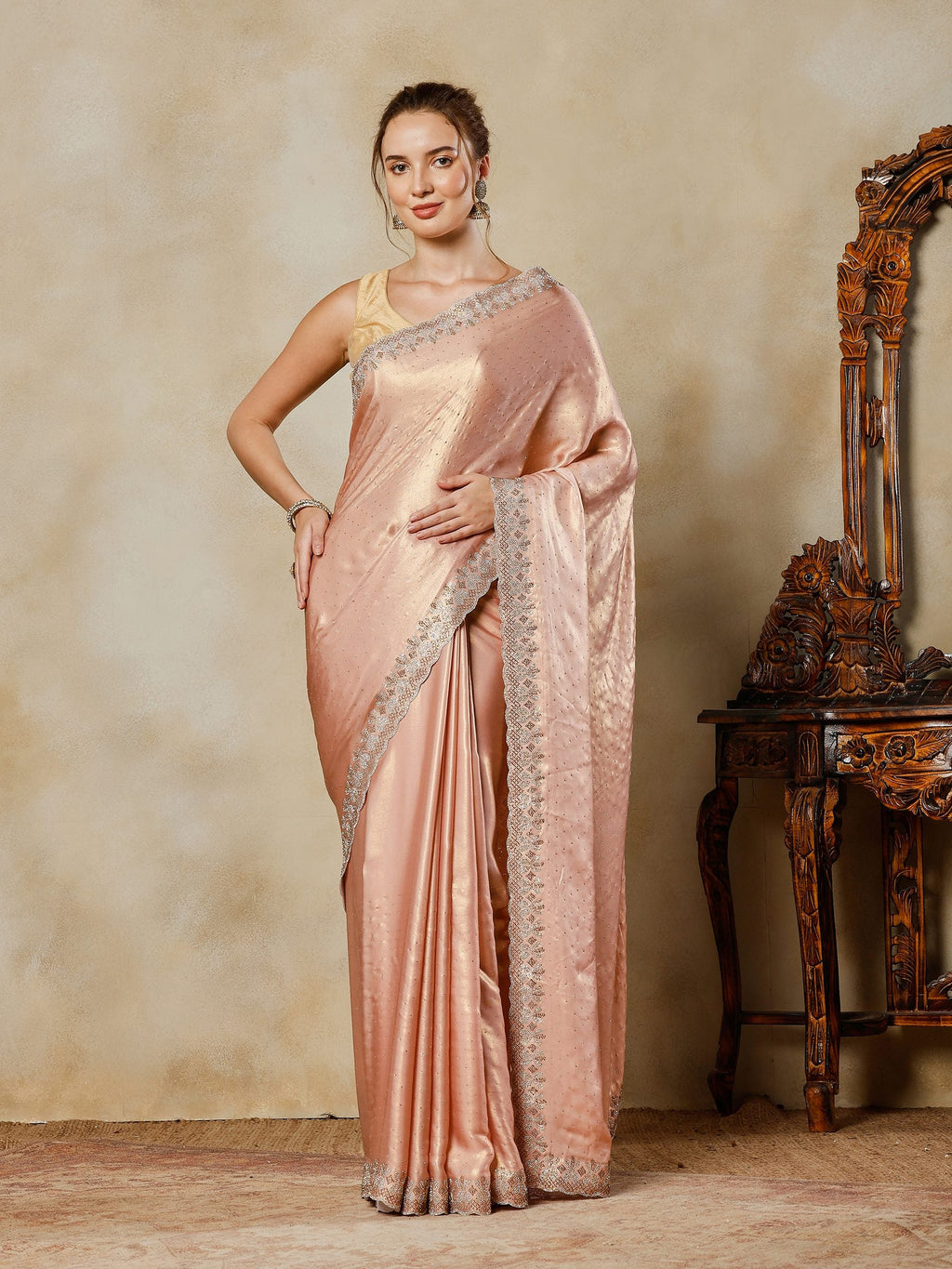 Peach Embroidered Tissue Saree