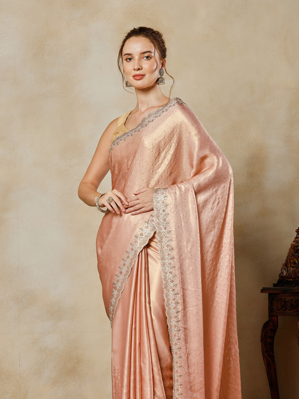 Peach Embroidered Tissue Saree