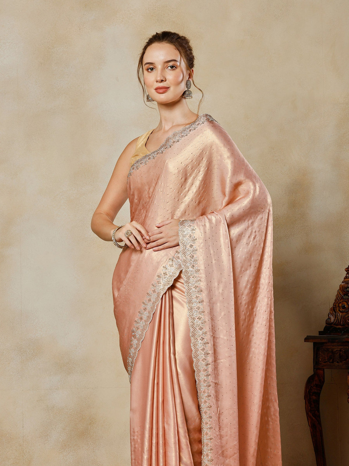 Peach Embroidered Tissue Saree