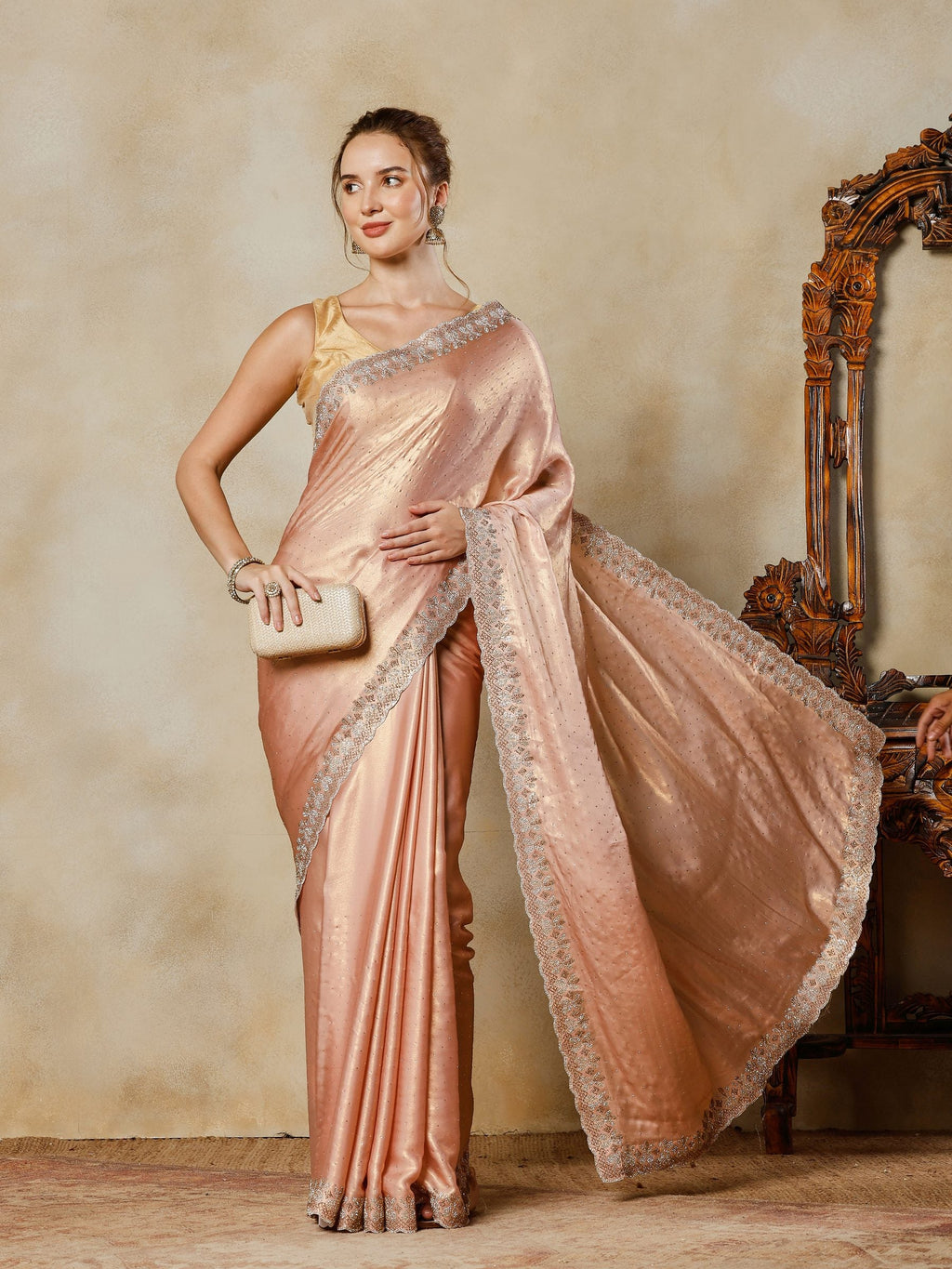 Peach Embroidered Tissue Saree