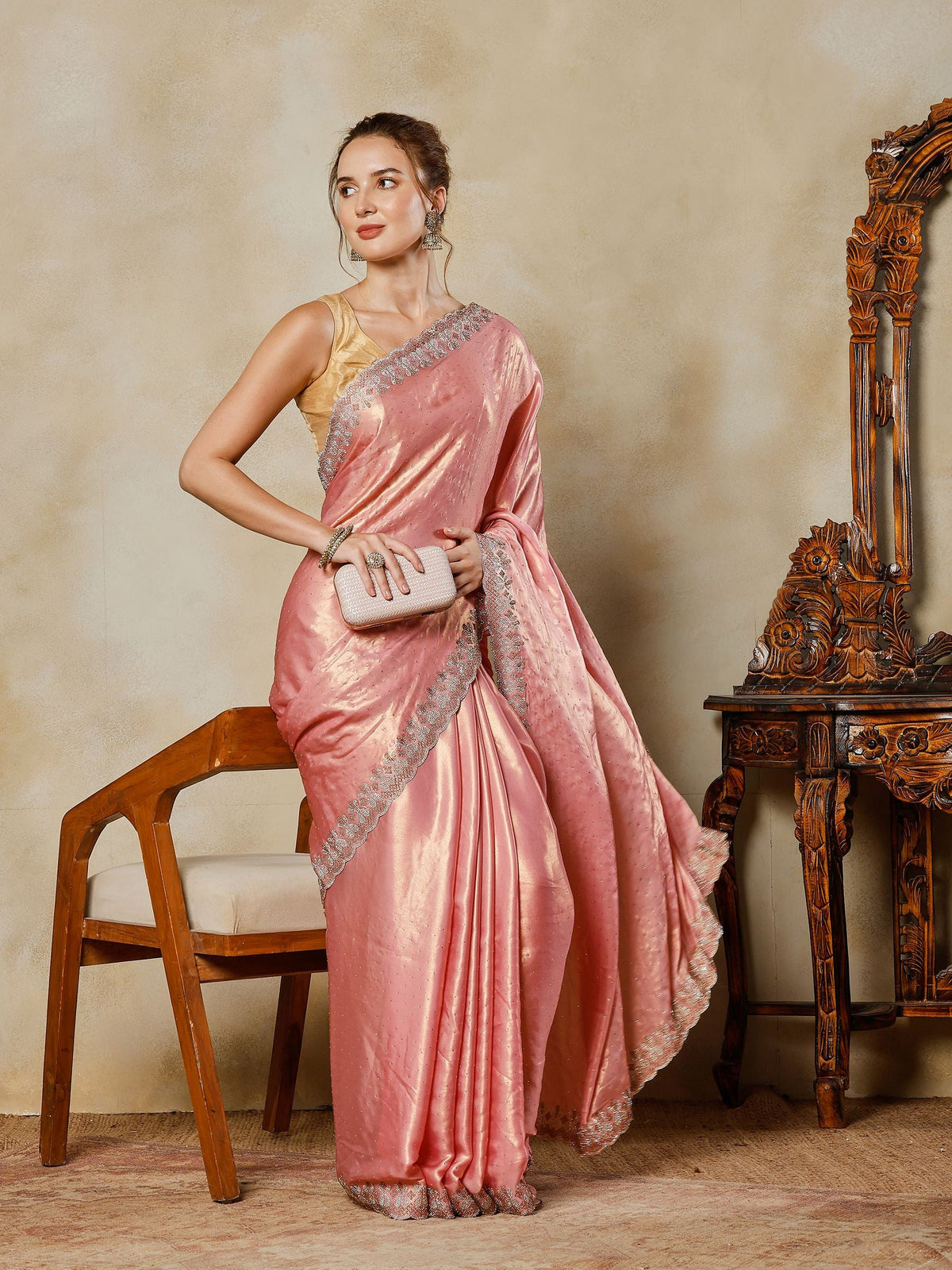 Pink Embroidered Tissue Saree