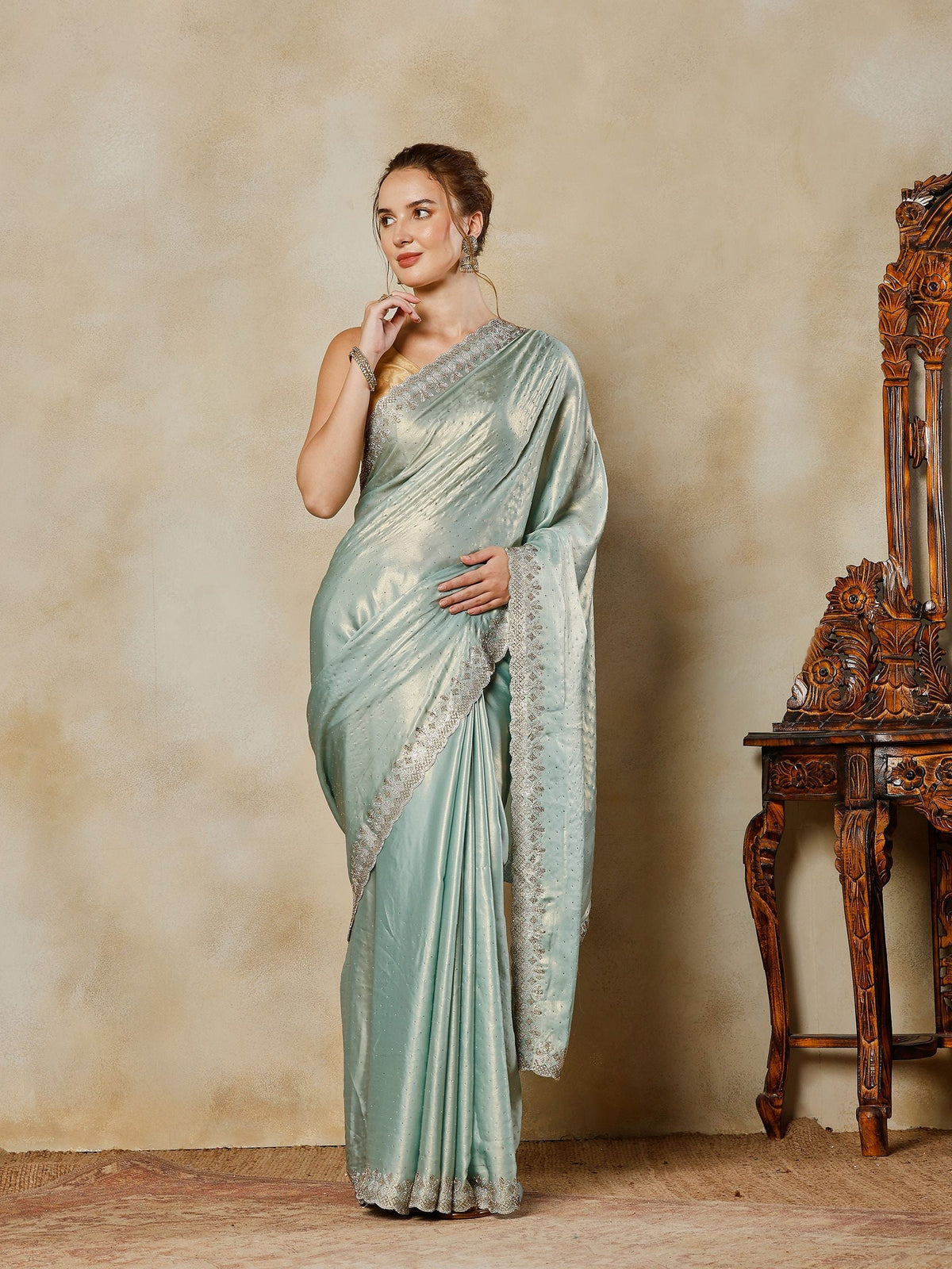 Sea Green Embroidered Tissue Saree