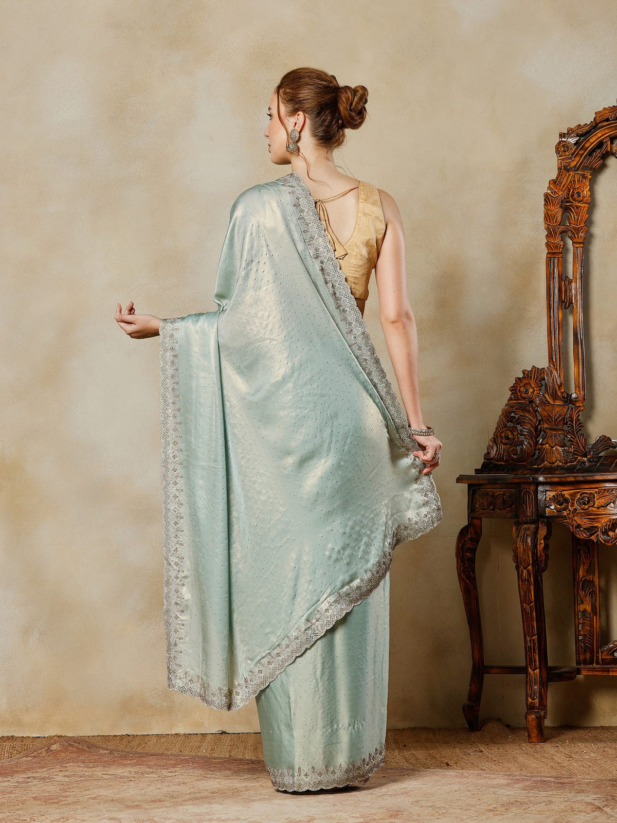 Sea Green Embroidered Tissue Saree