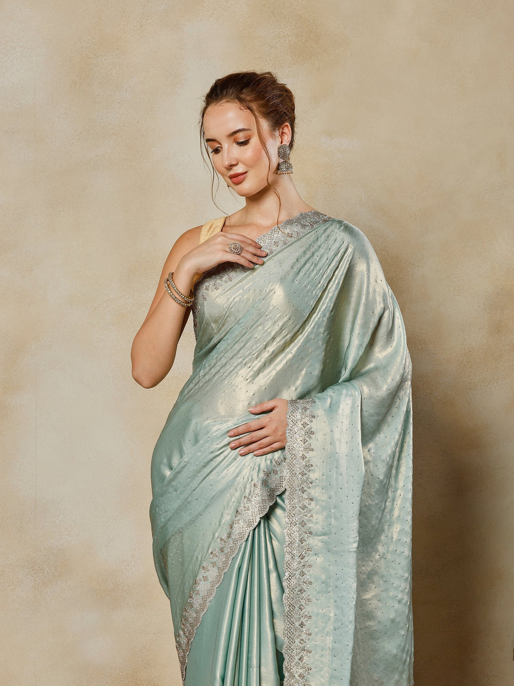 Sea Green Embroidered Tissue Saree