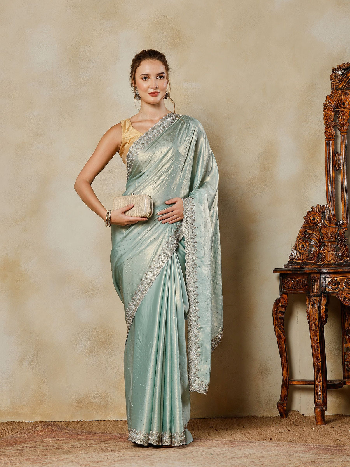 Sea Green Embroidered Tissue Saree