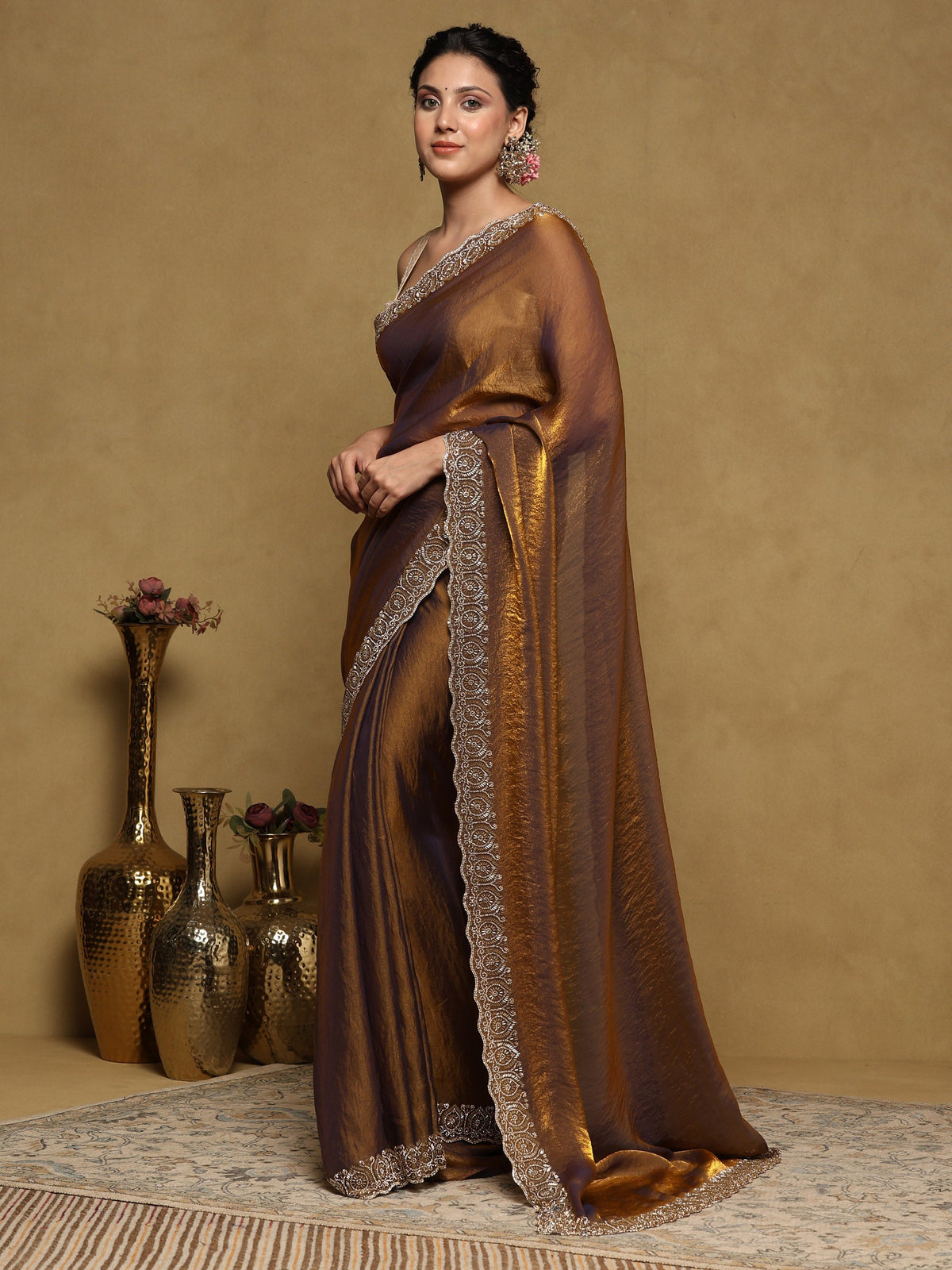 Brown Embroidered Tissue Saree