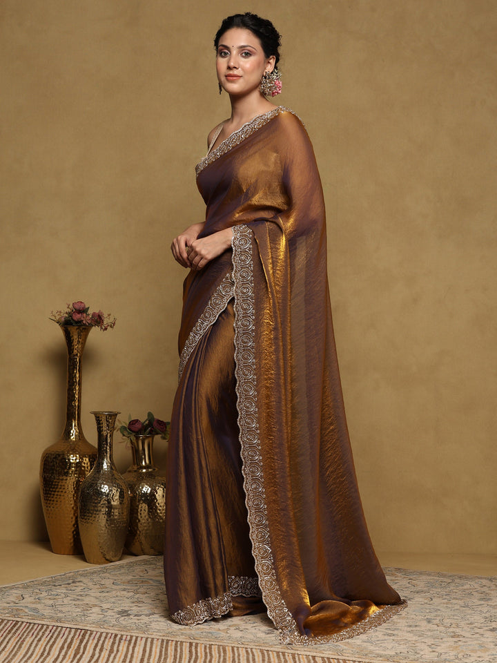 Brown Embroidered Tissue Saree