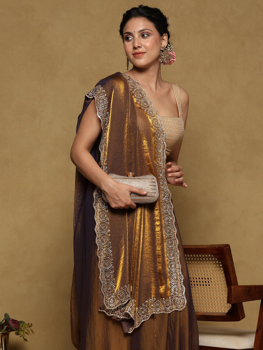 Brown Embroidered Tissue Saree