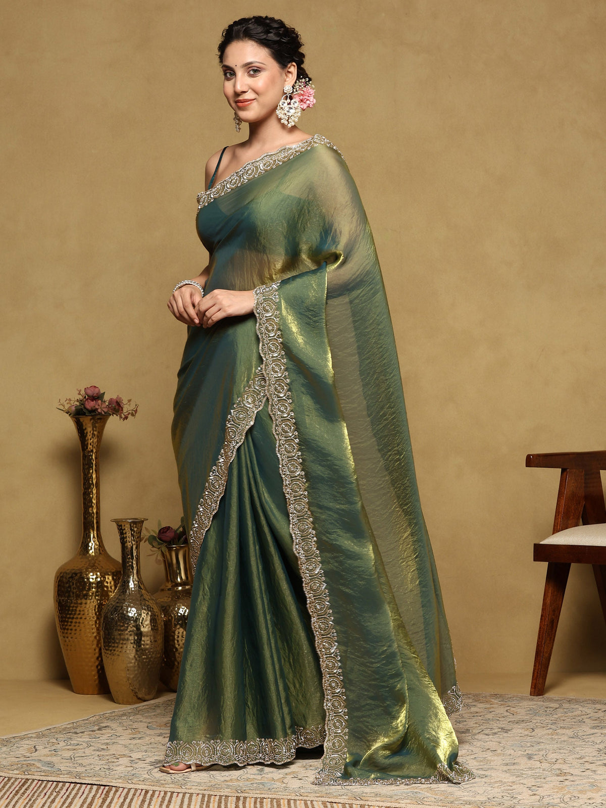 Green Embroidered Tissue Saree
