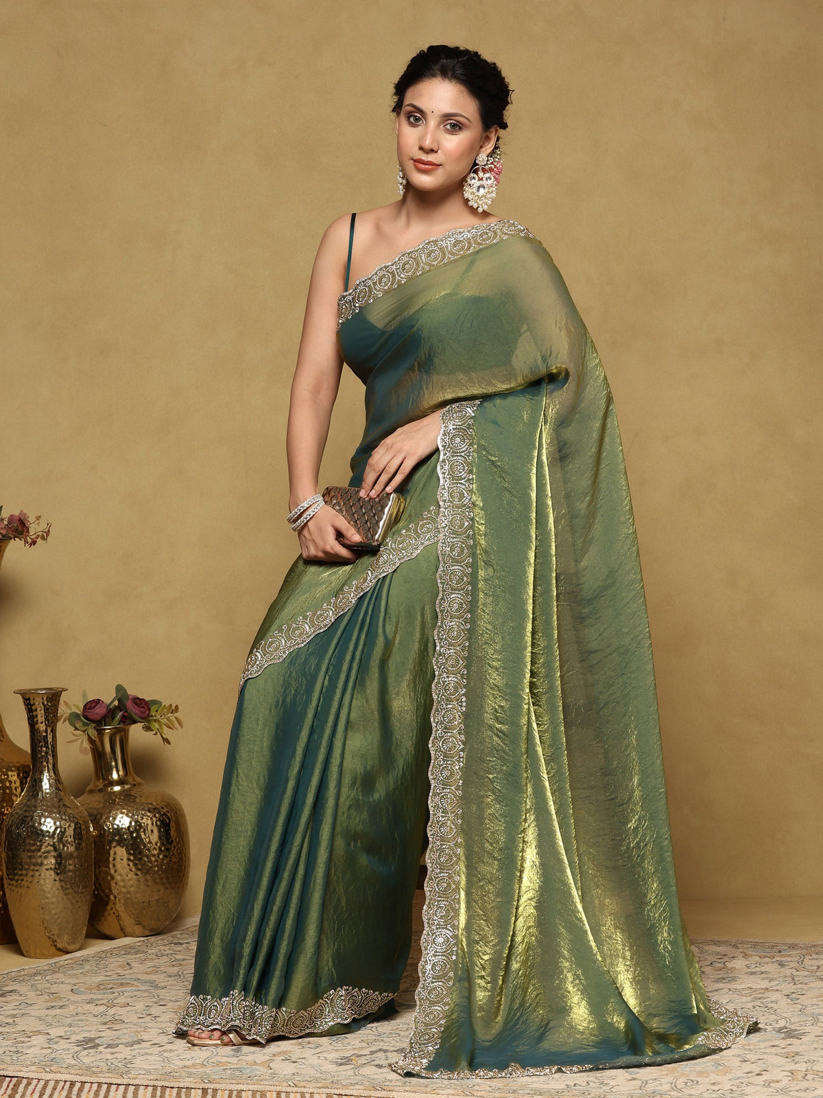 Green Embroidered Tissue Saree
