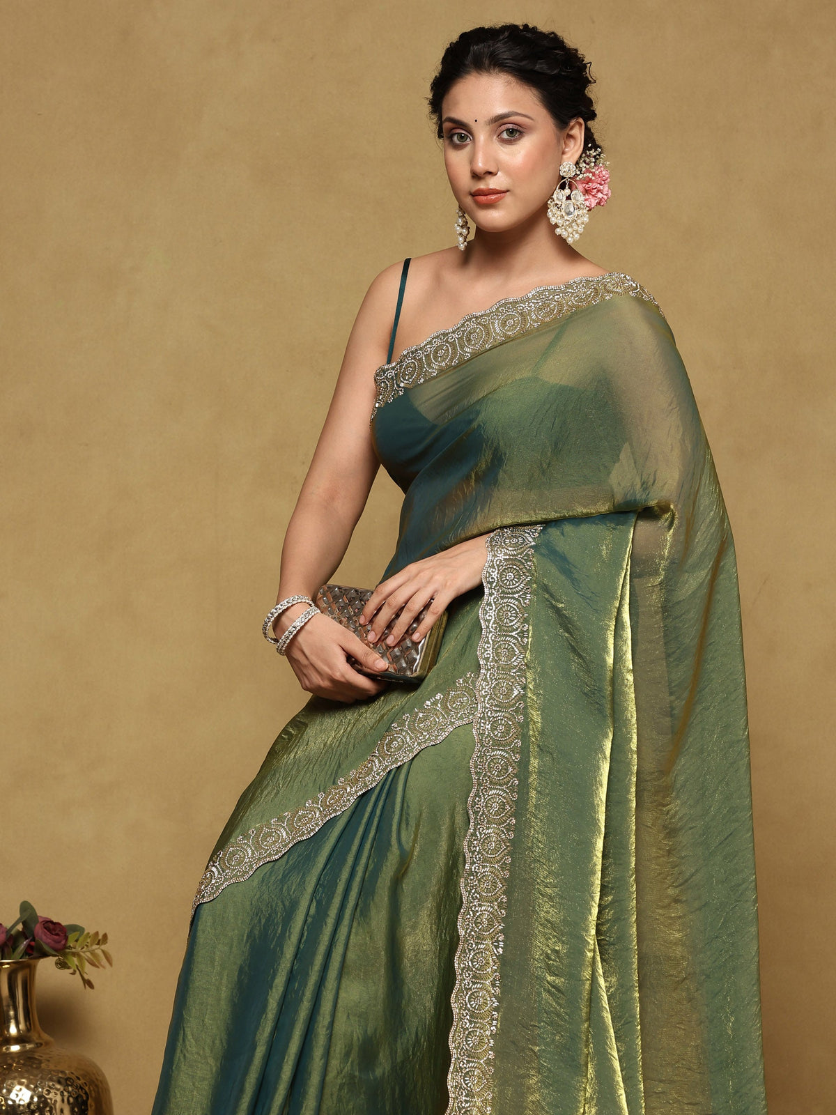 Green Embroidered Tissue Saree