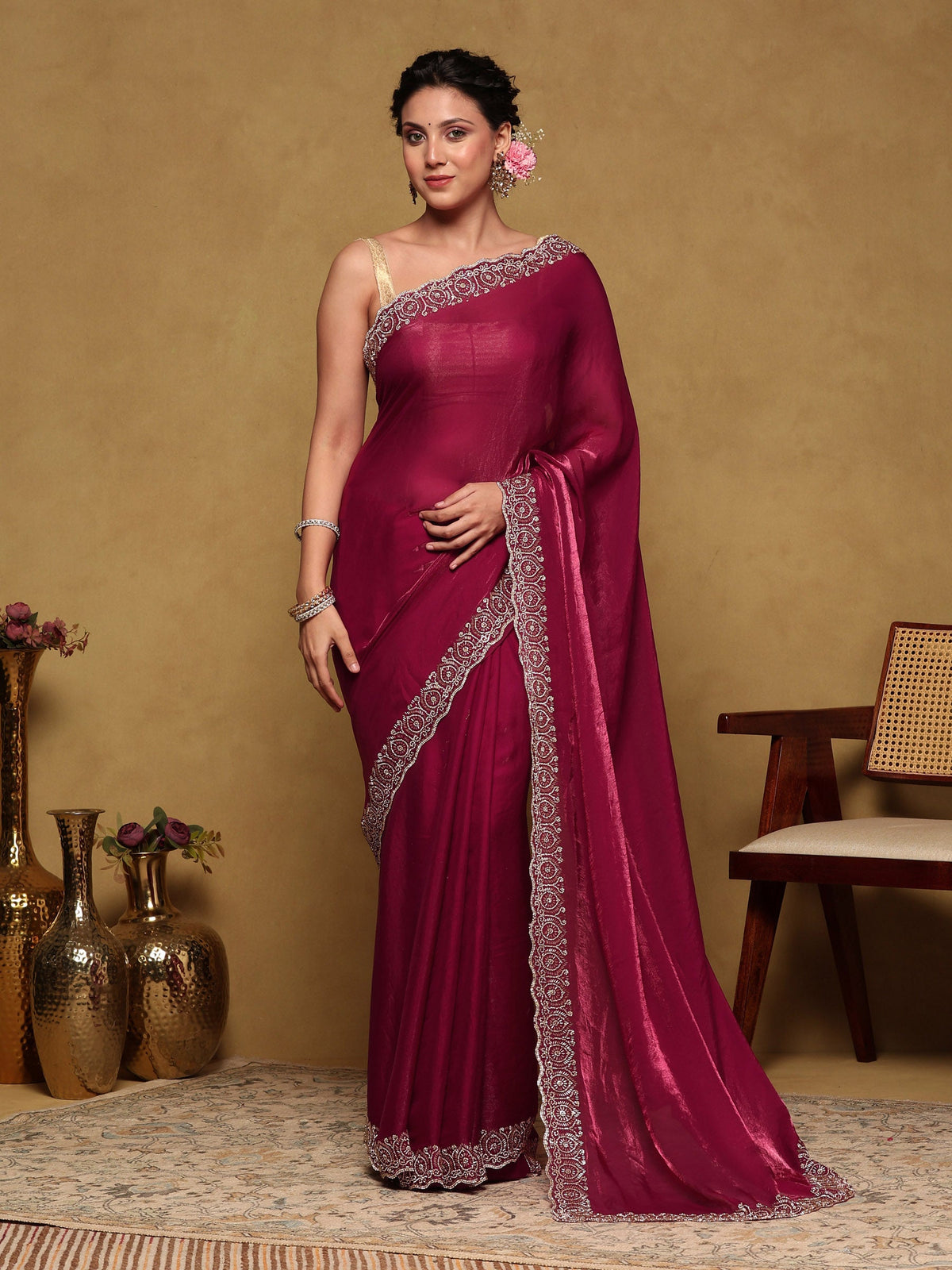 Magenta Embroidered Tissue Saree