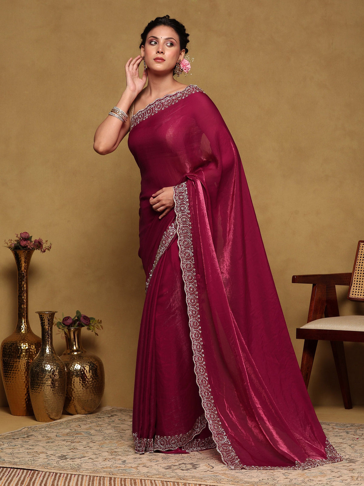 Magenta Embroidered Tissue Saree