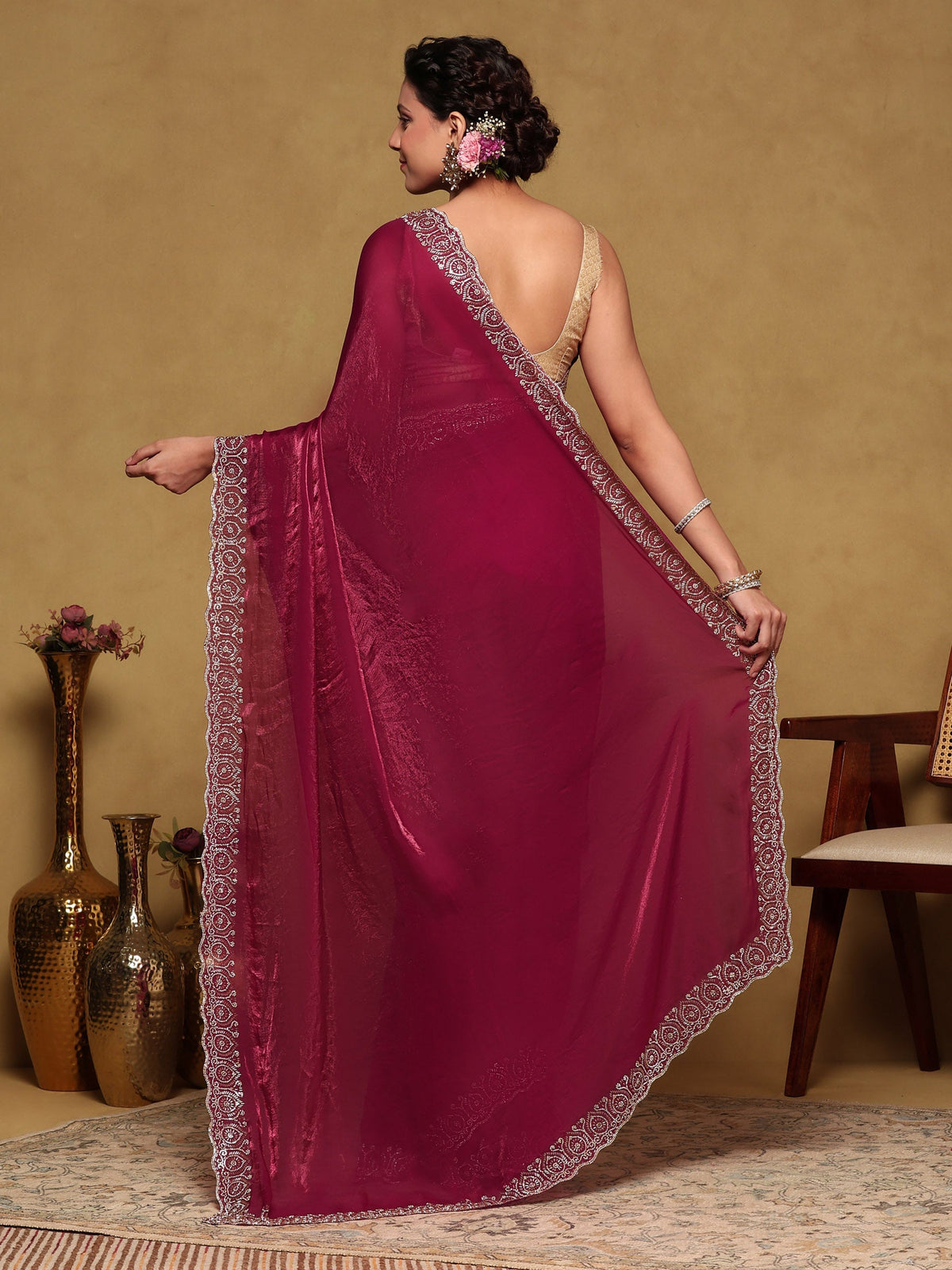 Magenta Embroidered Tissue Saree