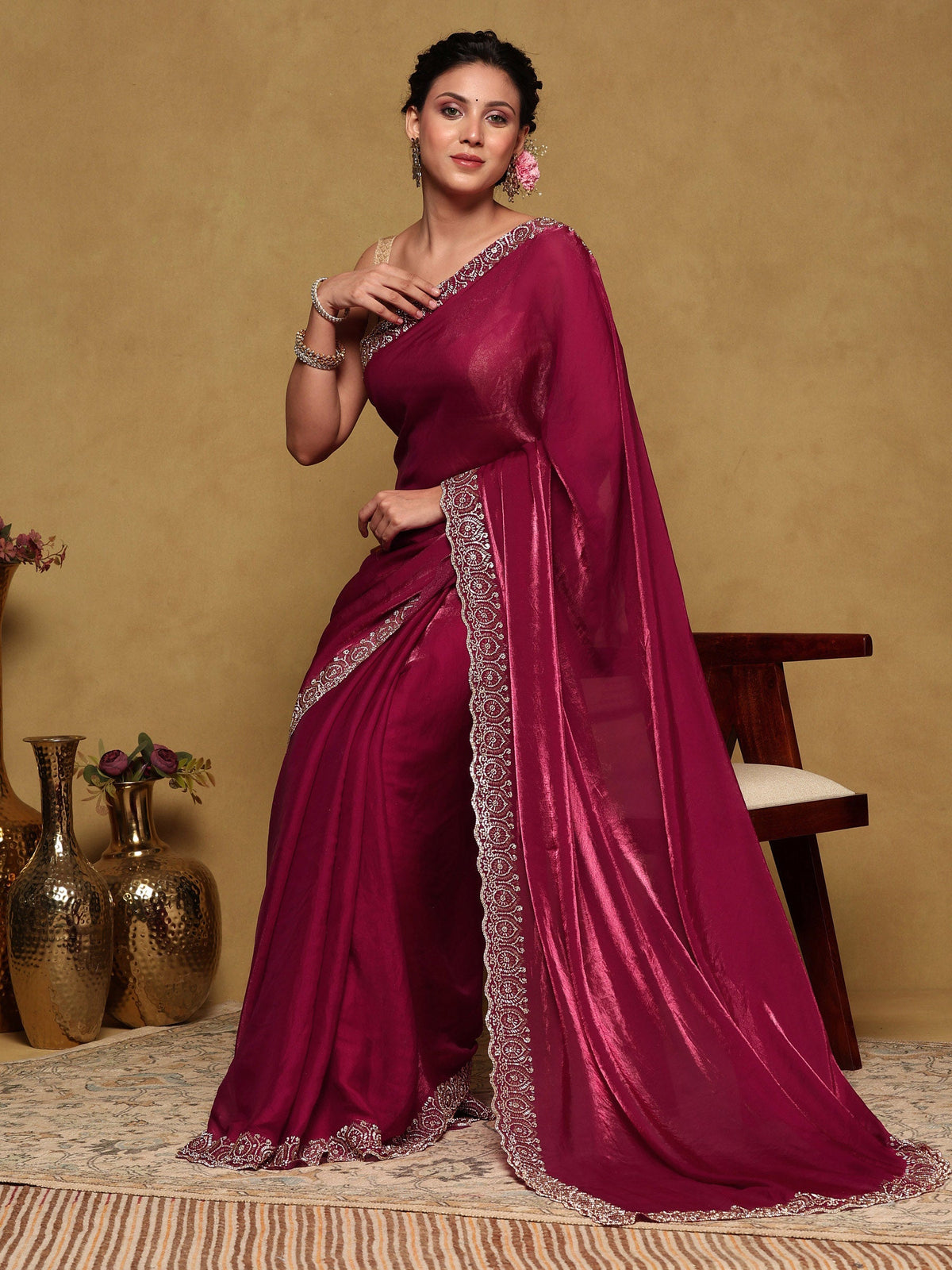 Magenta Embroidered Tissue Saree
