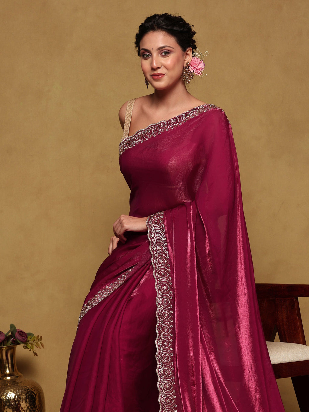 Magenta Embroidered Tissue Saree