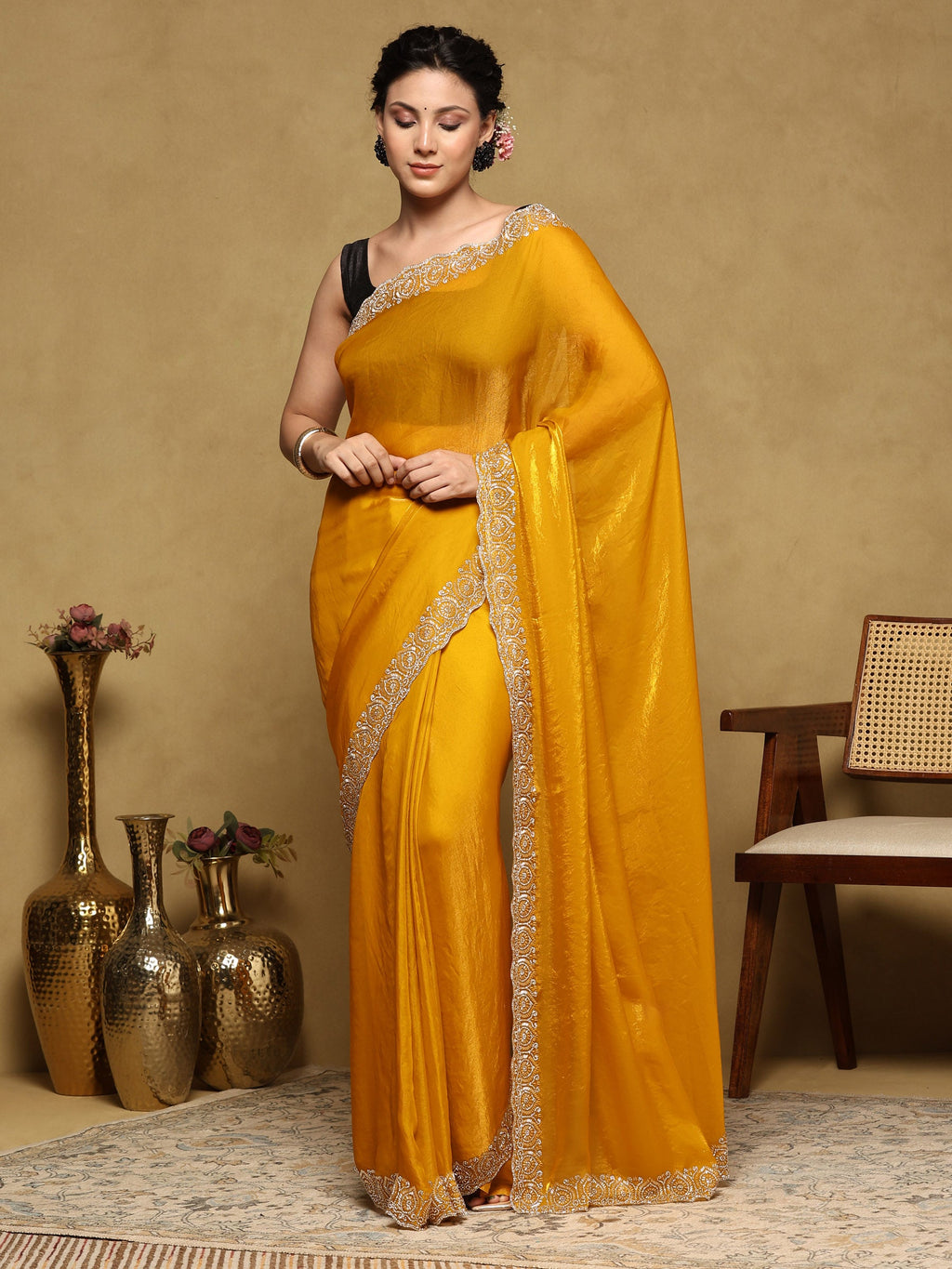 Mustard Embroidered Tissue Saree