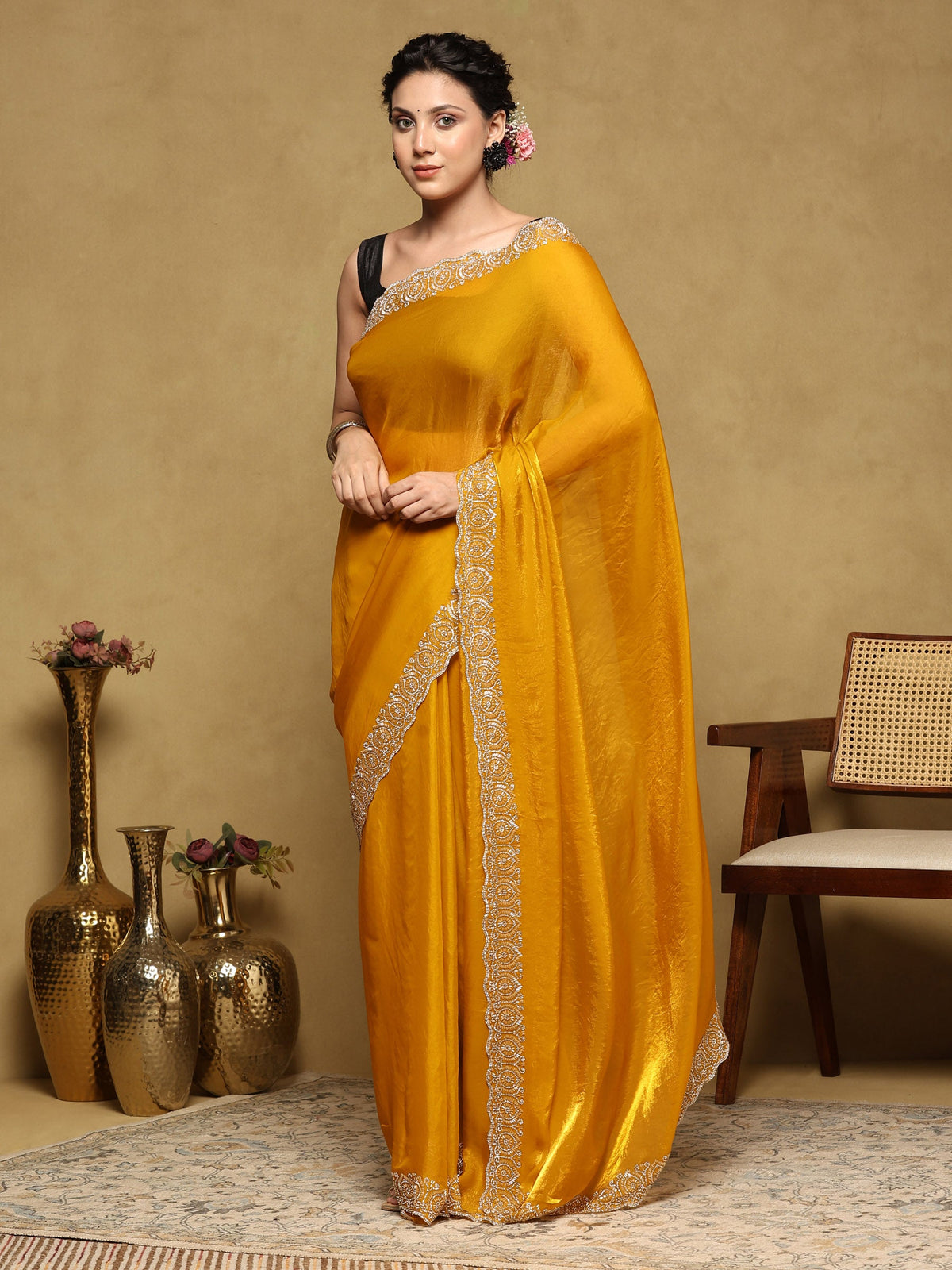Mustard Embroidered Tissue Saree
