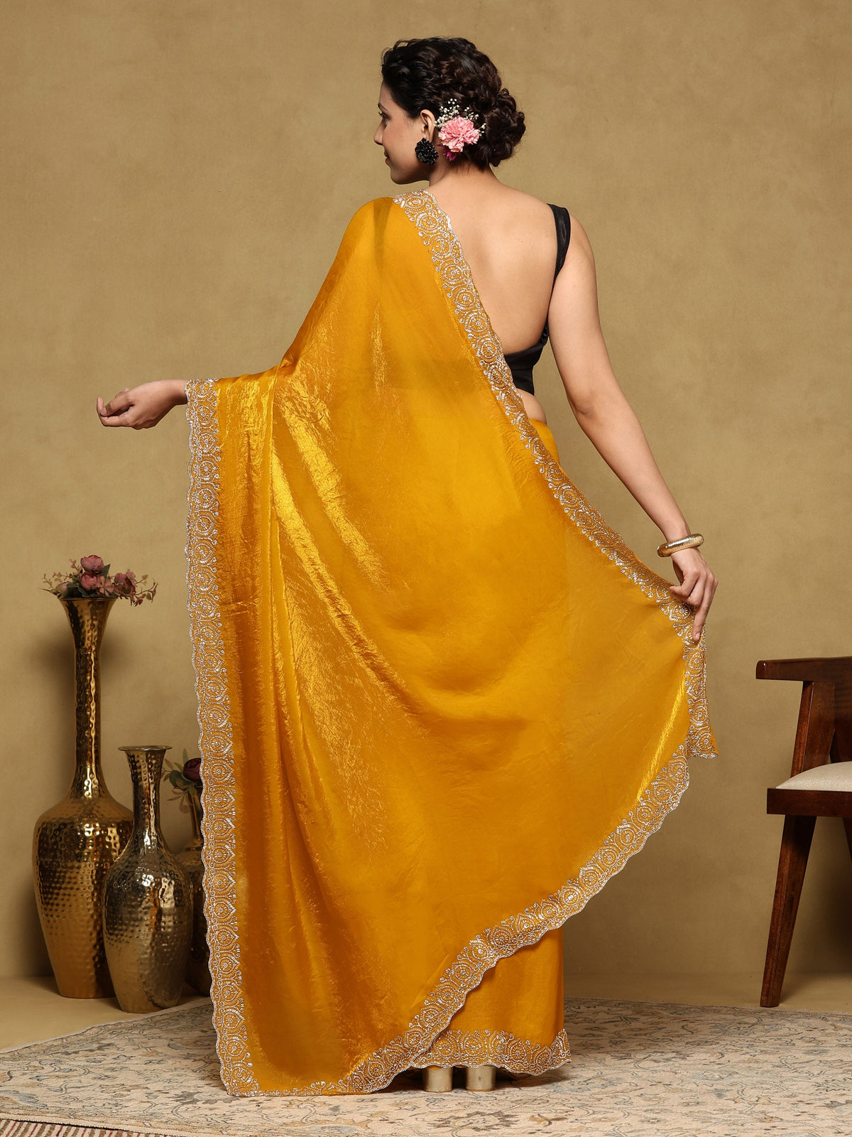 Mustard Embroidered Tissue Saree