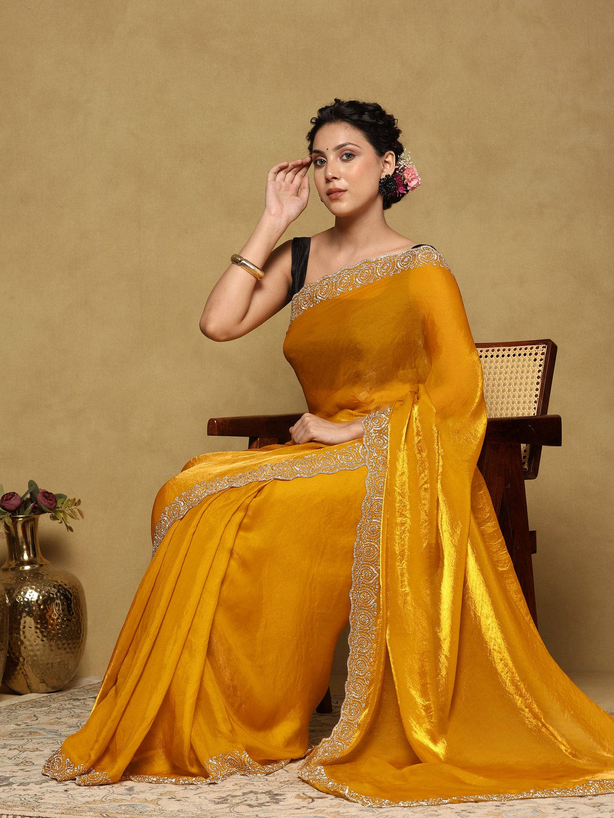 Mustard Embroidered Tissue Saree