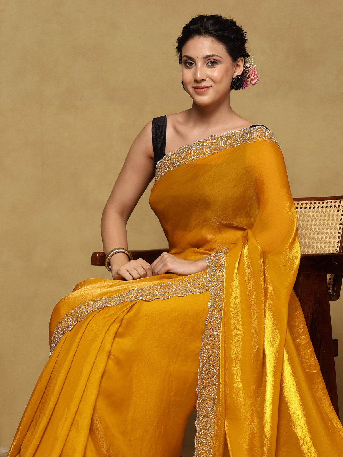 Mustard Embroidered Tissue Saree