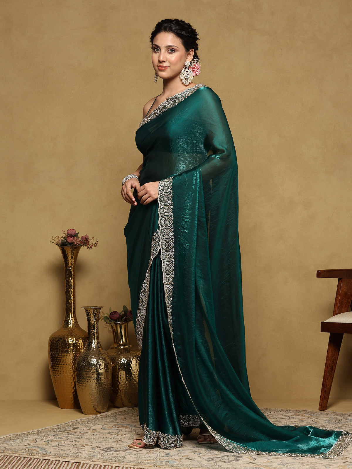 Rama Green Embroidered Tissue Saree