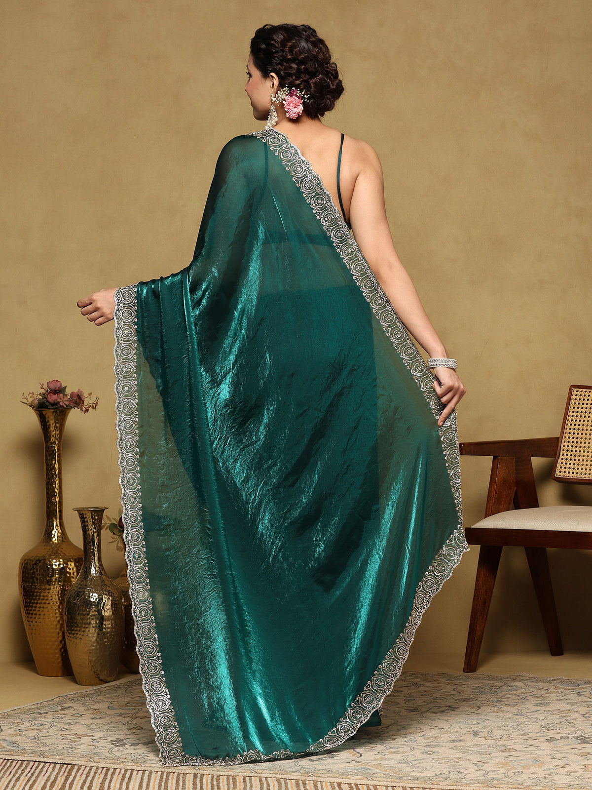 Rama Green Embroidered Tissue Saree