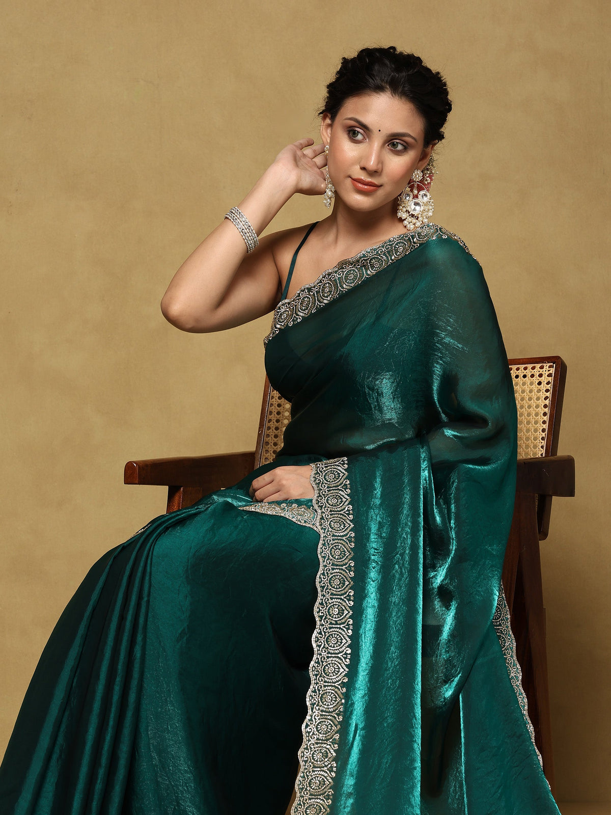 Rama Green Embroidered Tissue Saree
