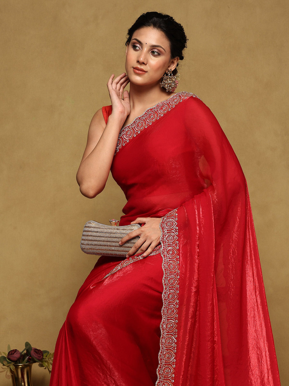 Rani Embroidered Tissue Saree