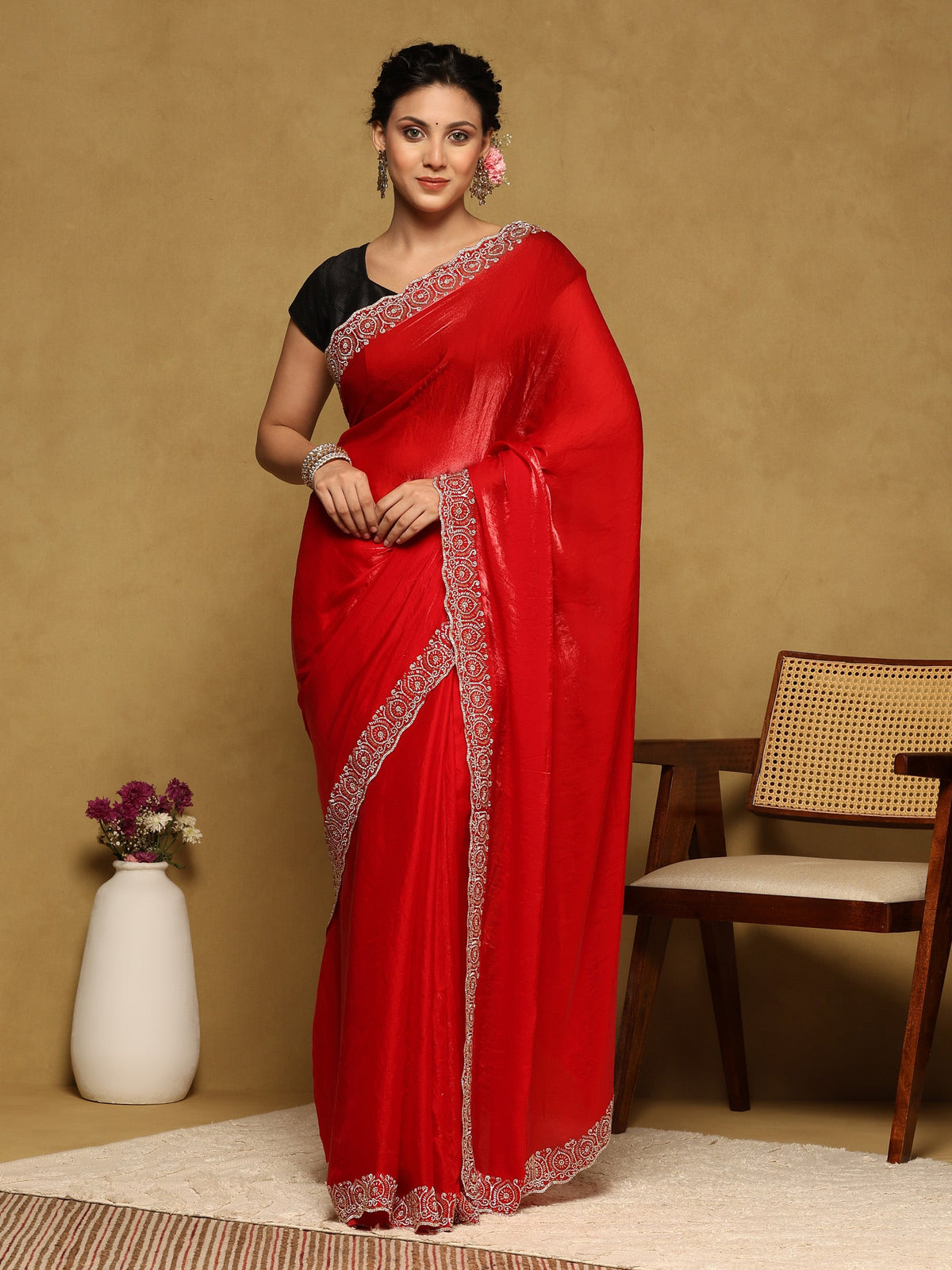 Red Embroidered Tissue Saree