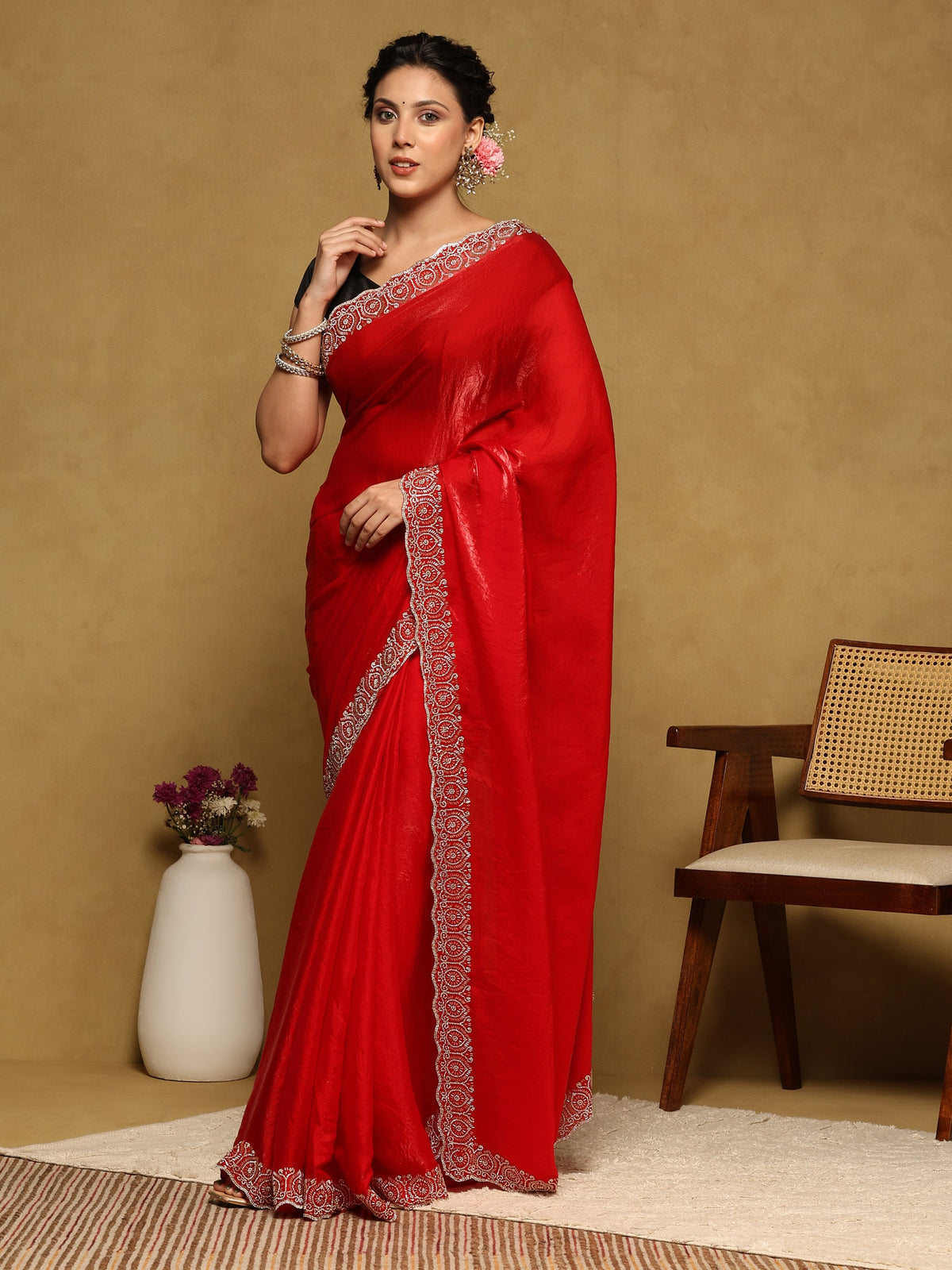 Red Embroidered Tissue Saree