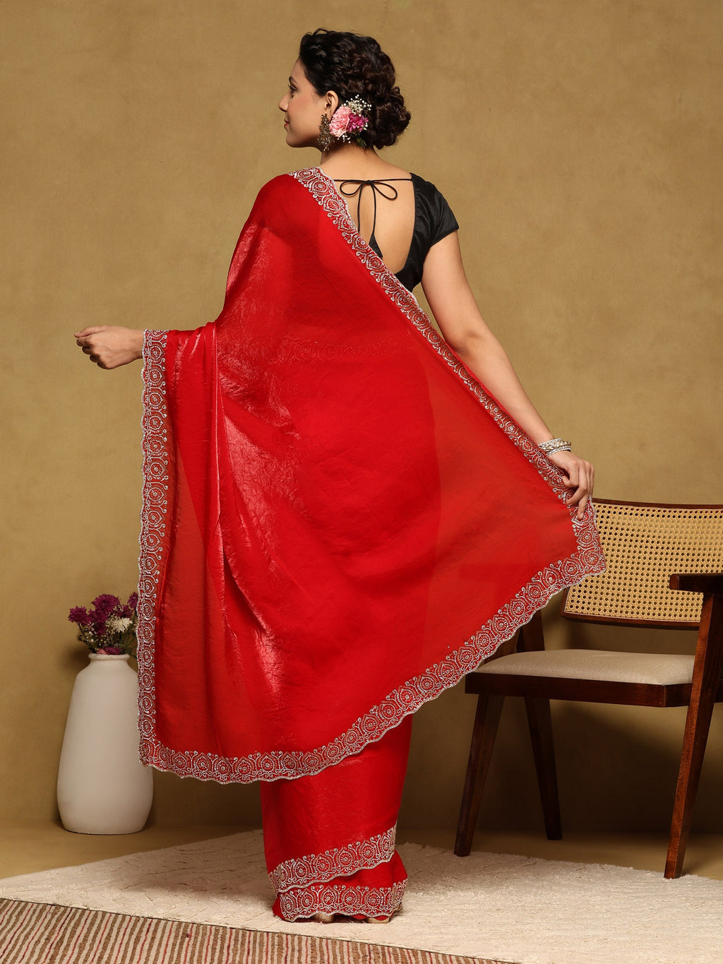 Red Embroidered Tissue Saree