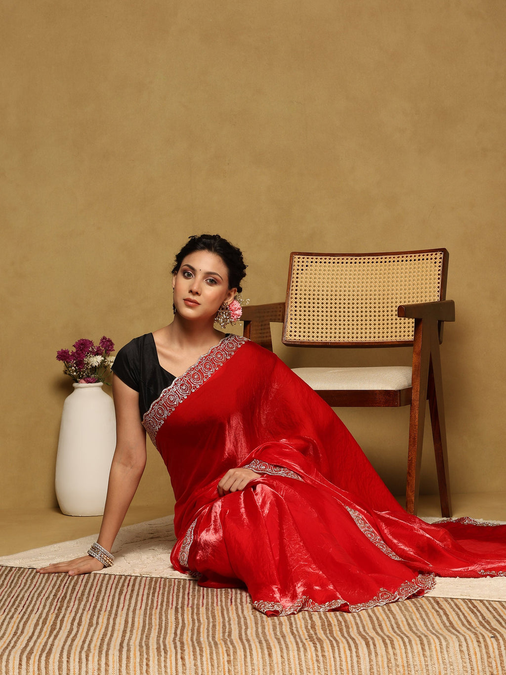 Red Embroidered Tissue Saree