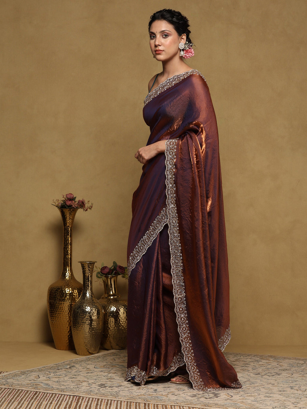 Rust Embroidered Tissue Saree