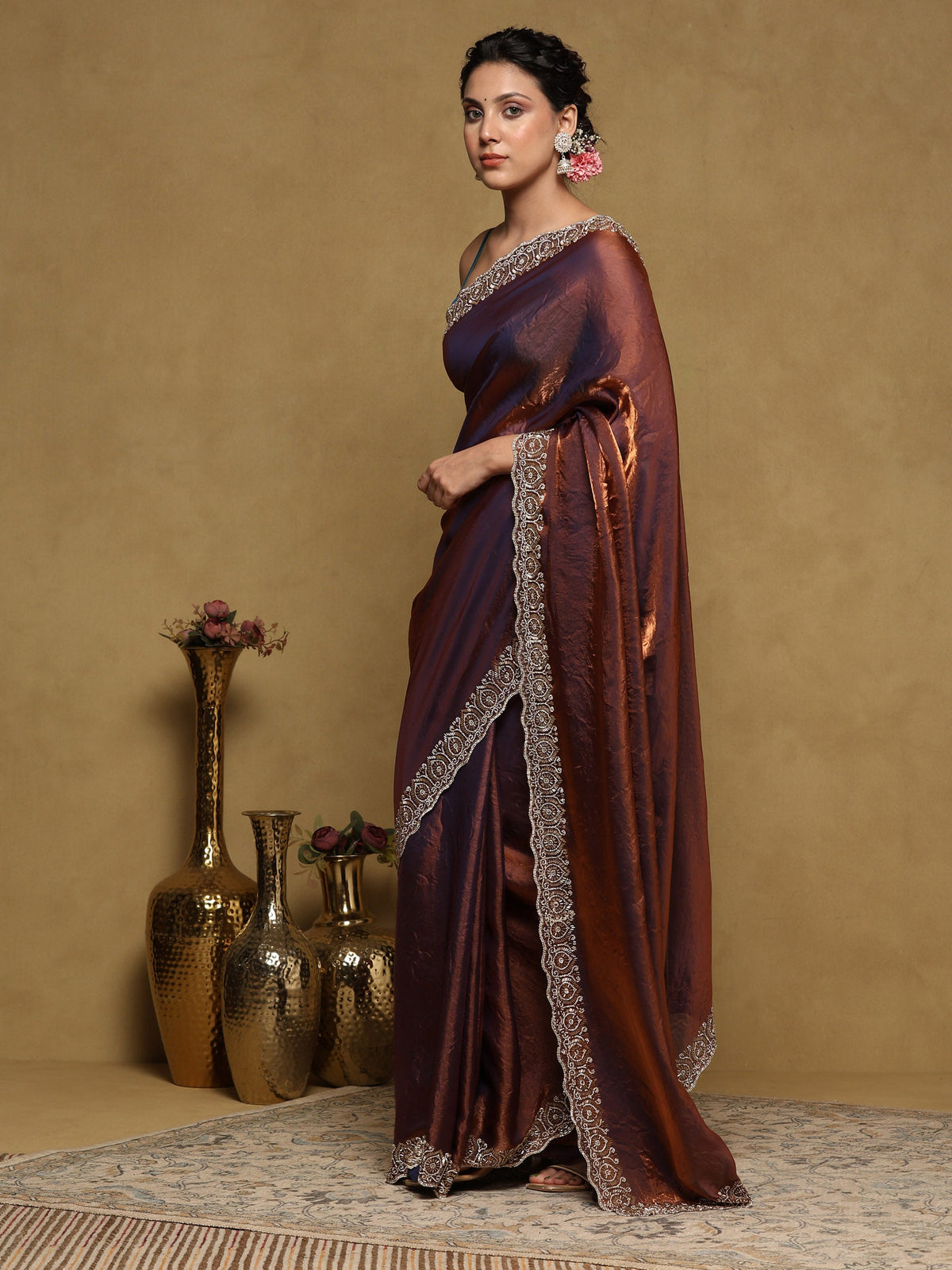 Rust Embroidered Tissue Saree