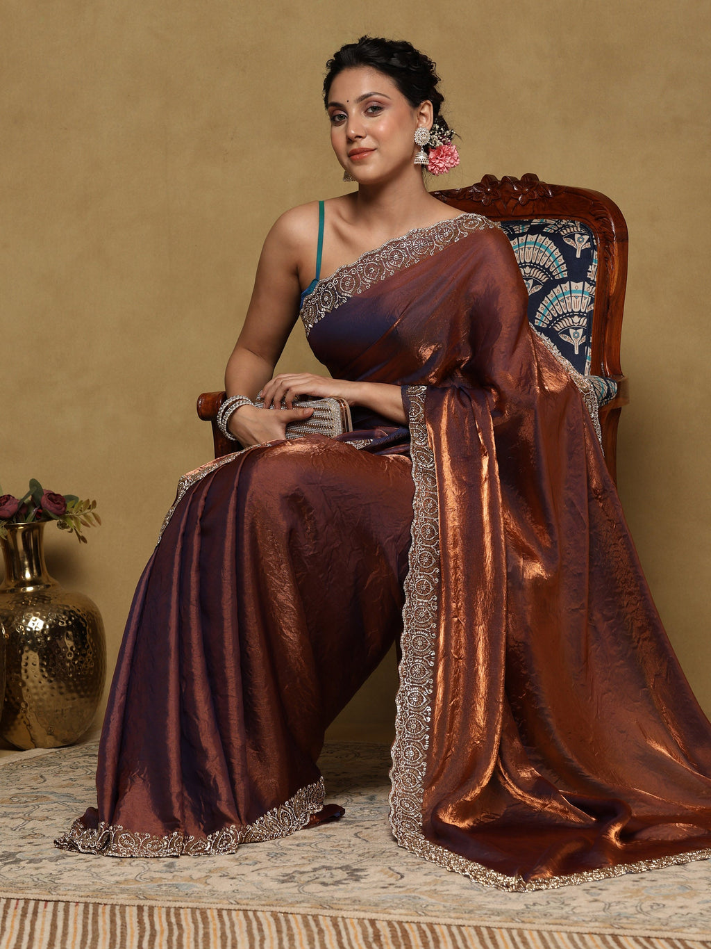 Rust Embroidered Tissue Saree