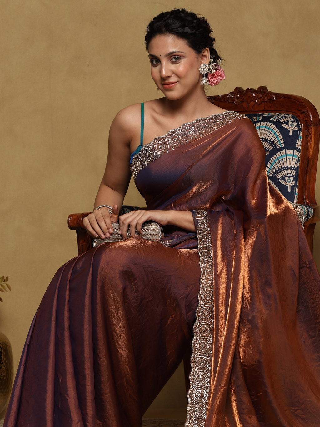 Rust Embroidered Tissue Saree