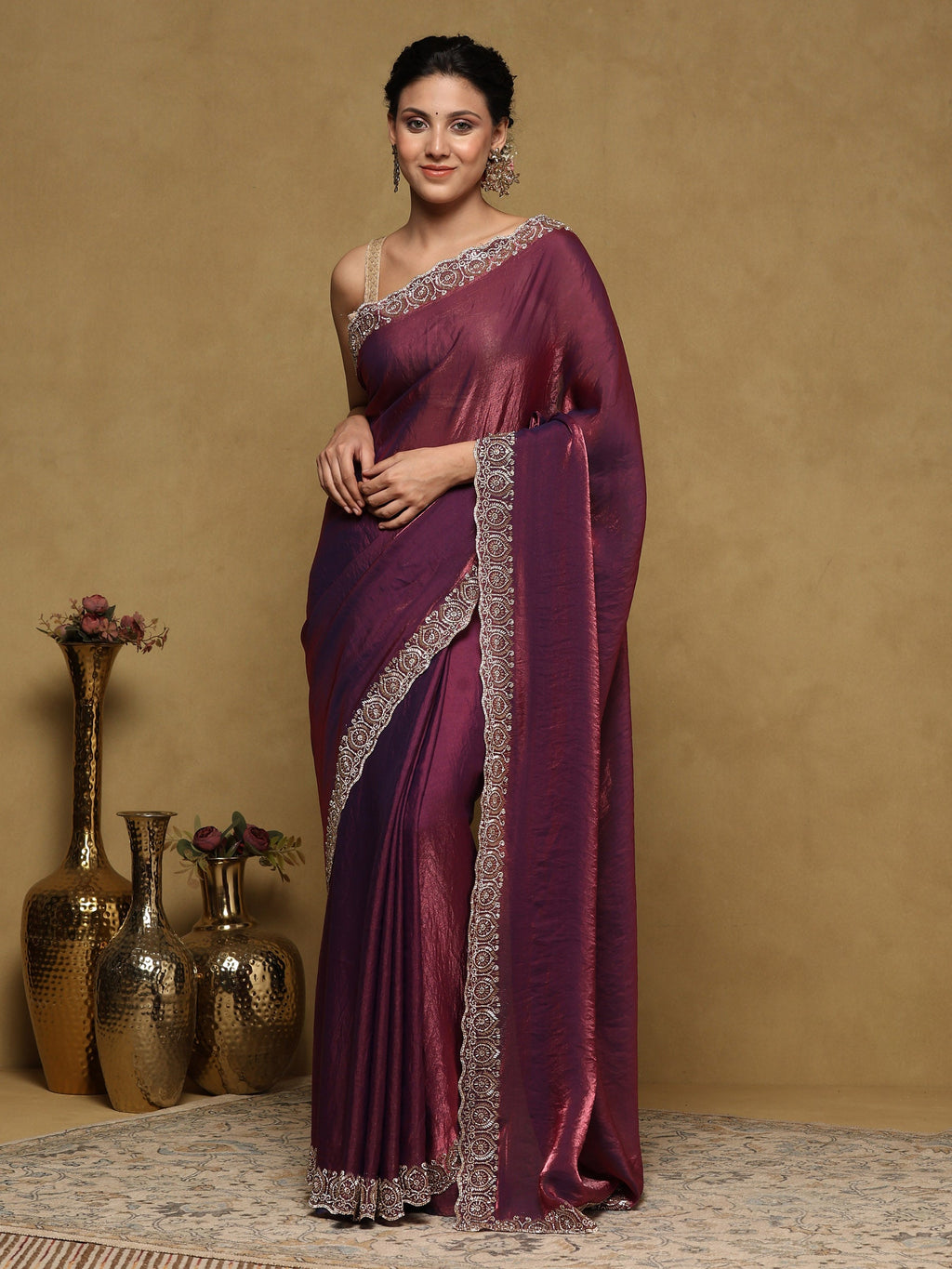 Wine Embroidered Tissue Saree