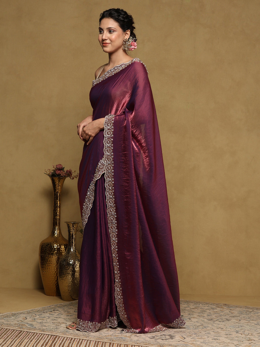 Wine Embroidered Tissue Saree