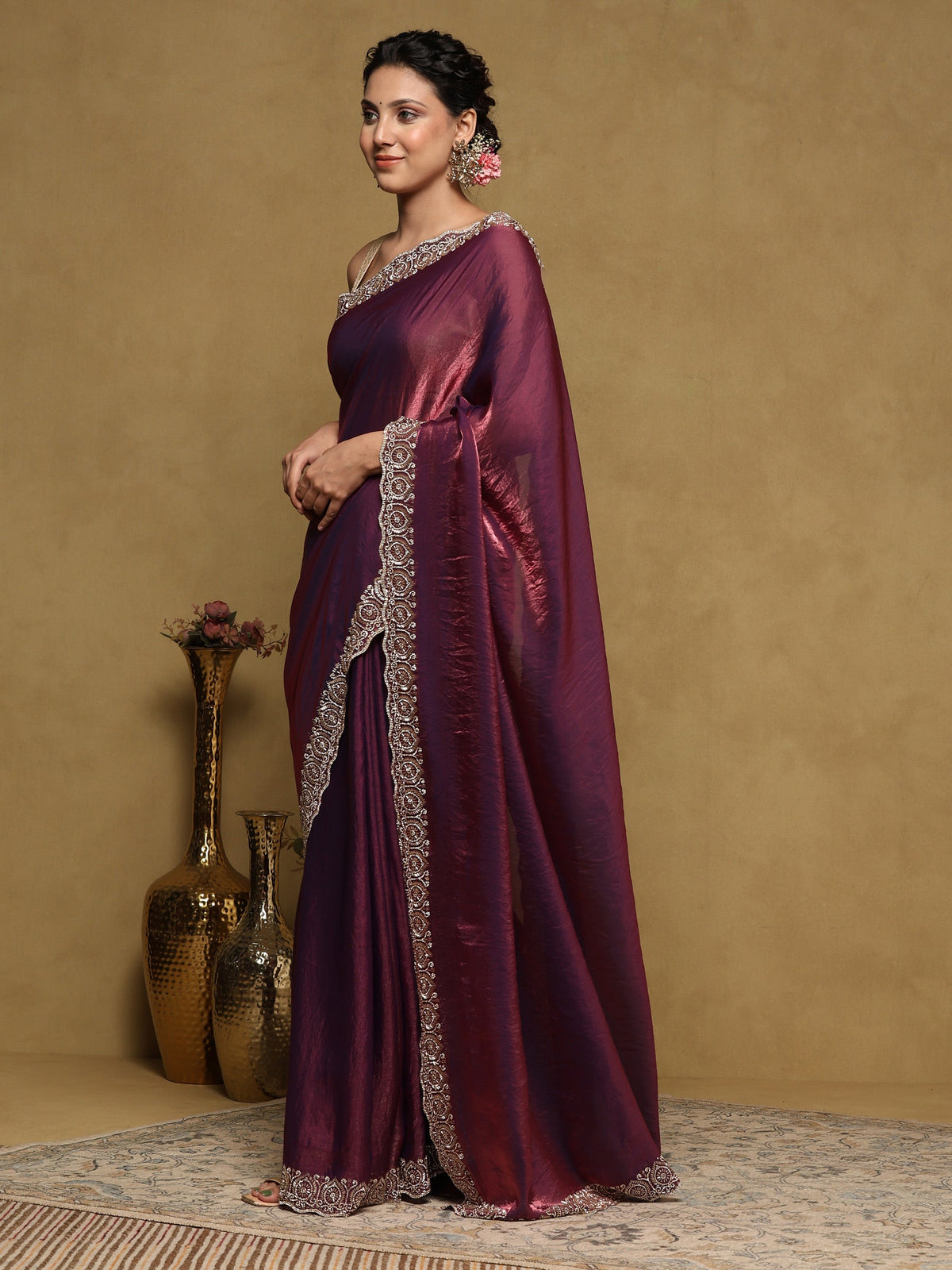 Wine Embroidered Tissue Saree