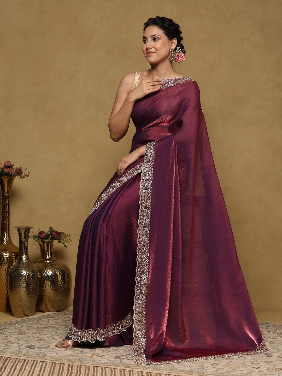 Wine Embroidered Tissue Saree