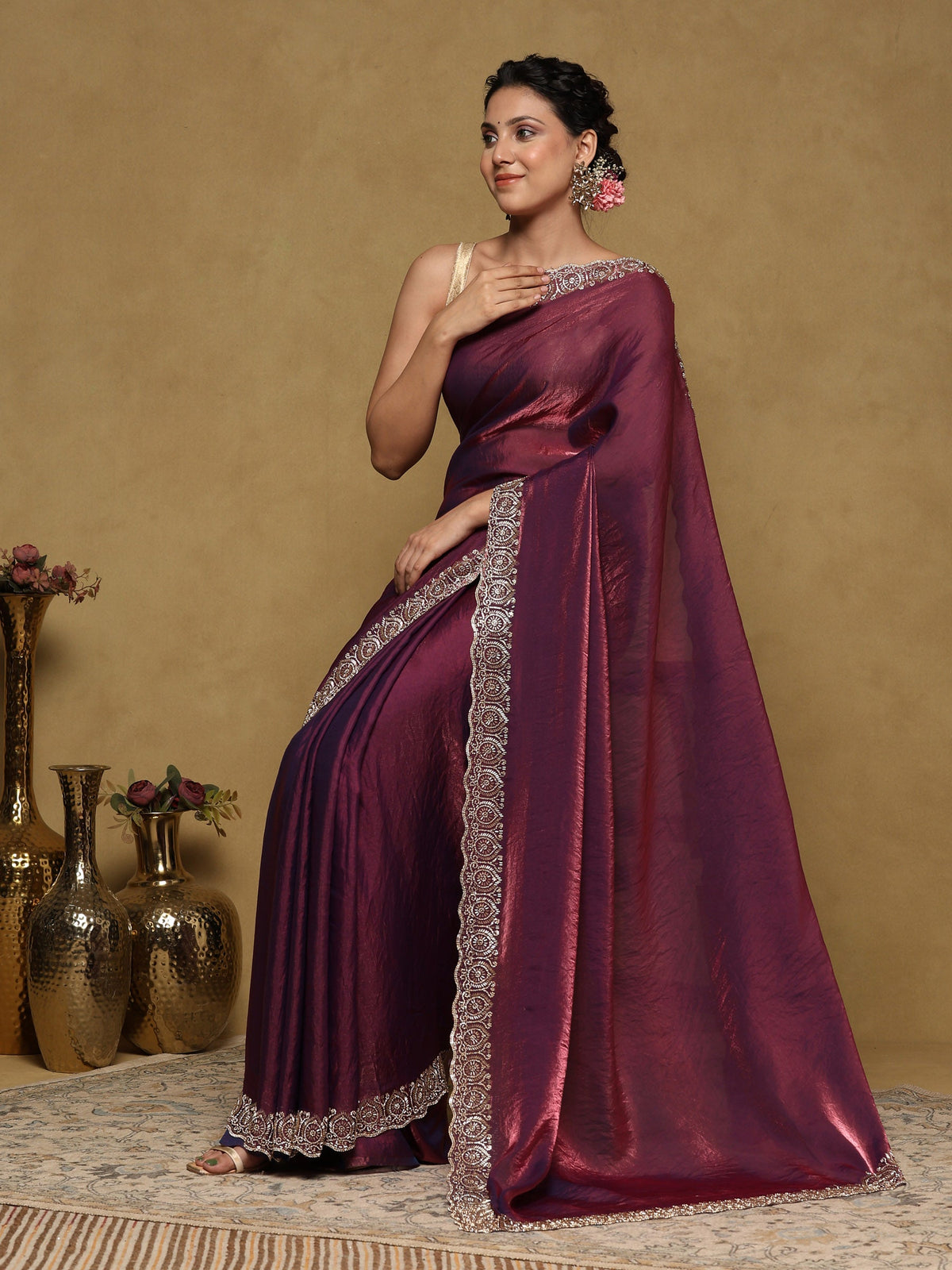 Wine Embroidered Tissue Saree